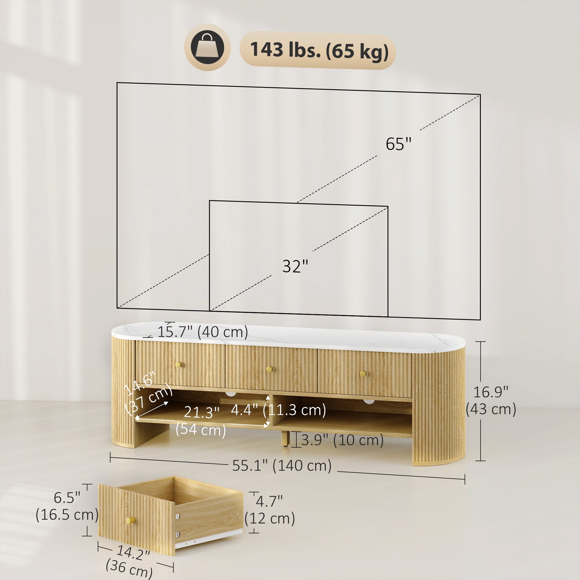 Modern TV Stand with Marble-Effect Top, 3 Drawers, 2 Shelves, 32-65 Inch Fit, Natural-DECOROLALA