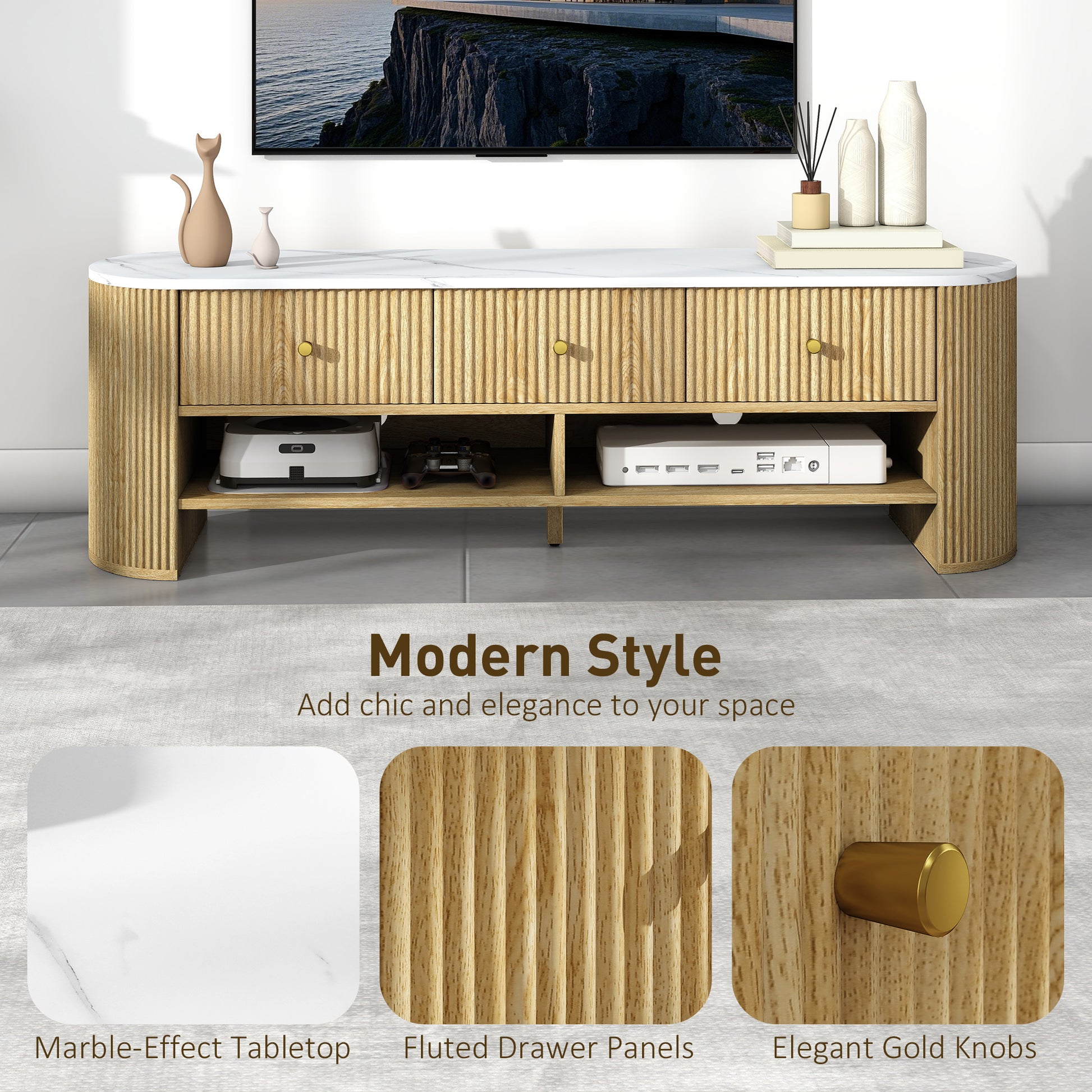Modern TV Stand with Marble-Effect Top, 3 Drawers, 2 Shelves, 32-65 Inch Fit, Natural-DECOROLALA