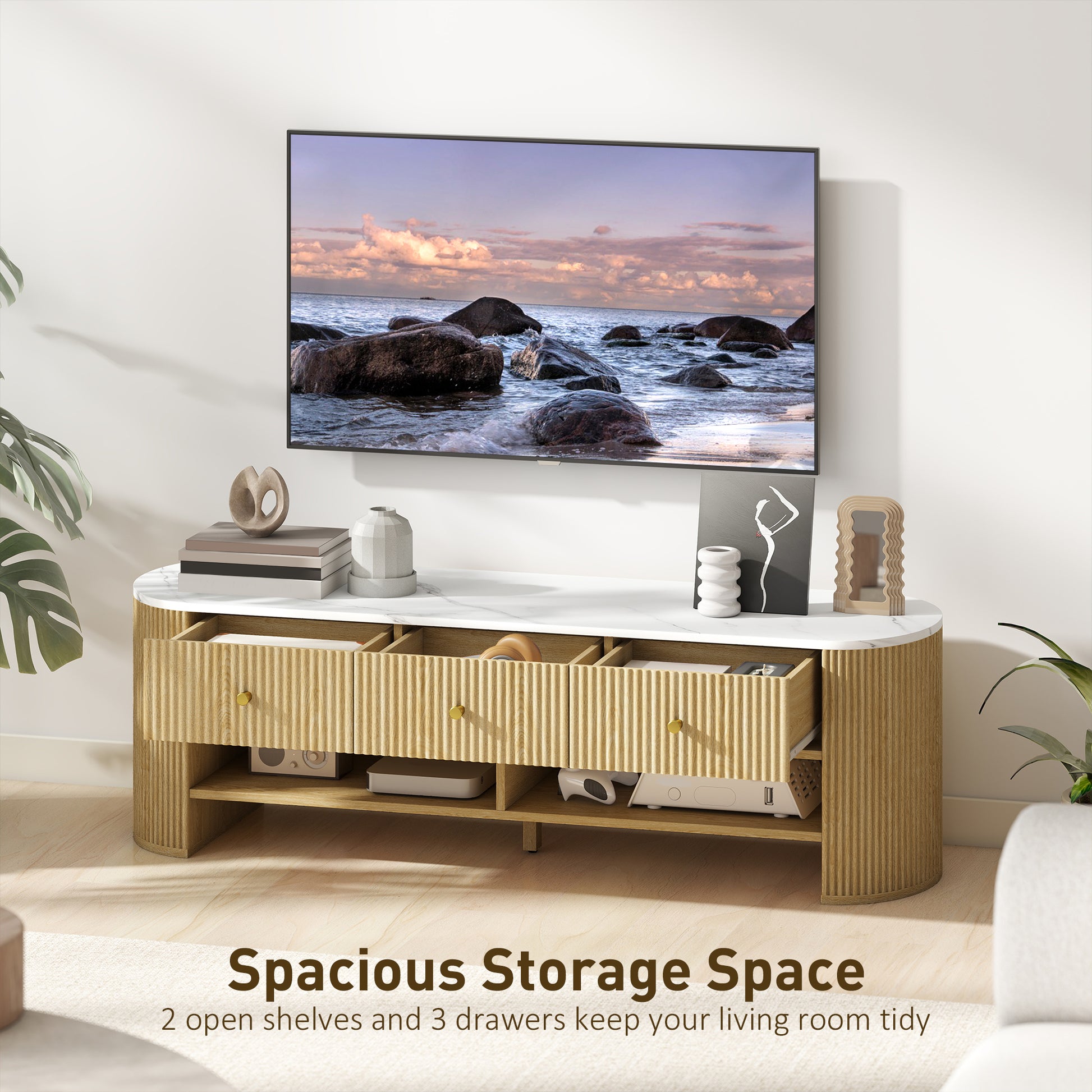 Modern TV Stand with Marble-Effect Top, 3 Drawers, 2 Shelves, 32-65 Inch Fit, Natural-DECOROLALA