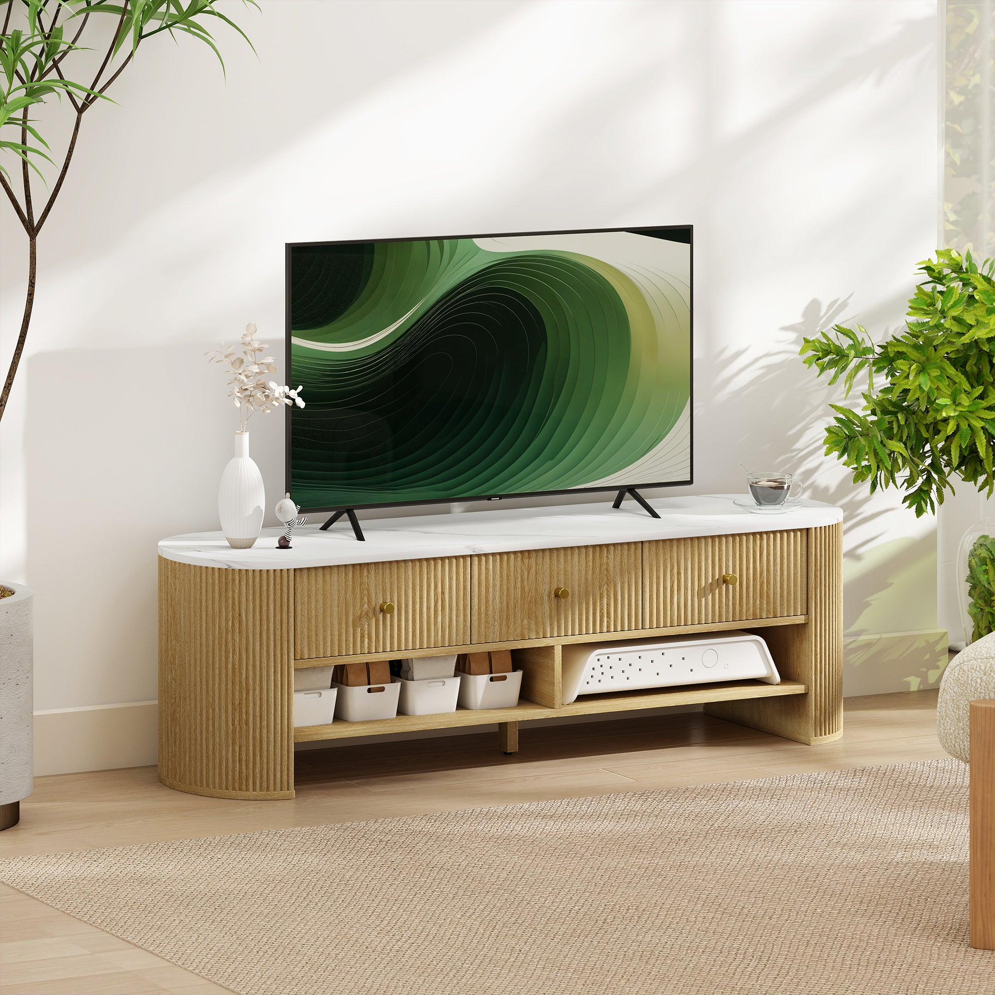 Modern TV Stand with Marble-Effect Top, 3 Drawers, 2 Shelves, 32-65 Inch Fit, Natural-DECOROLALA
