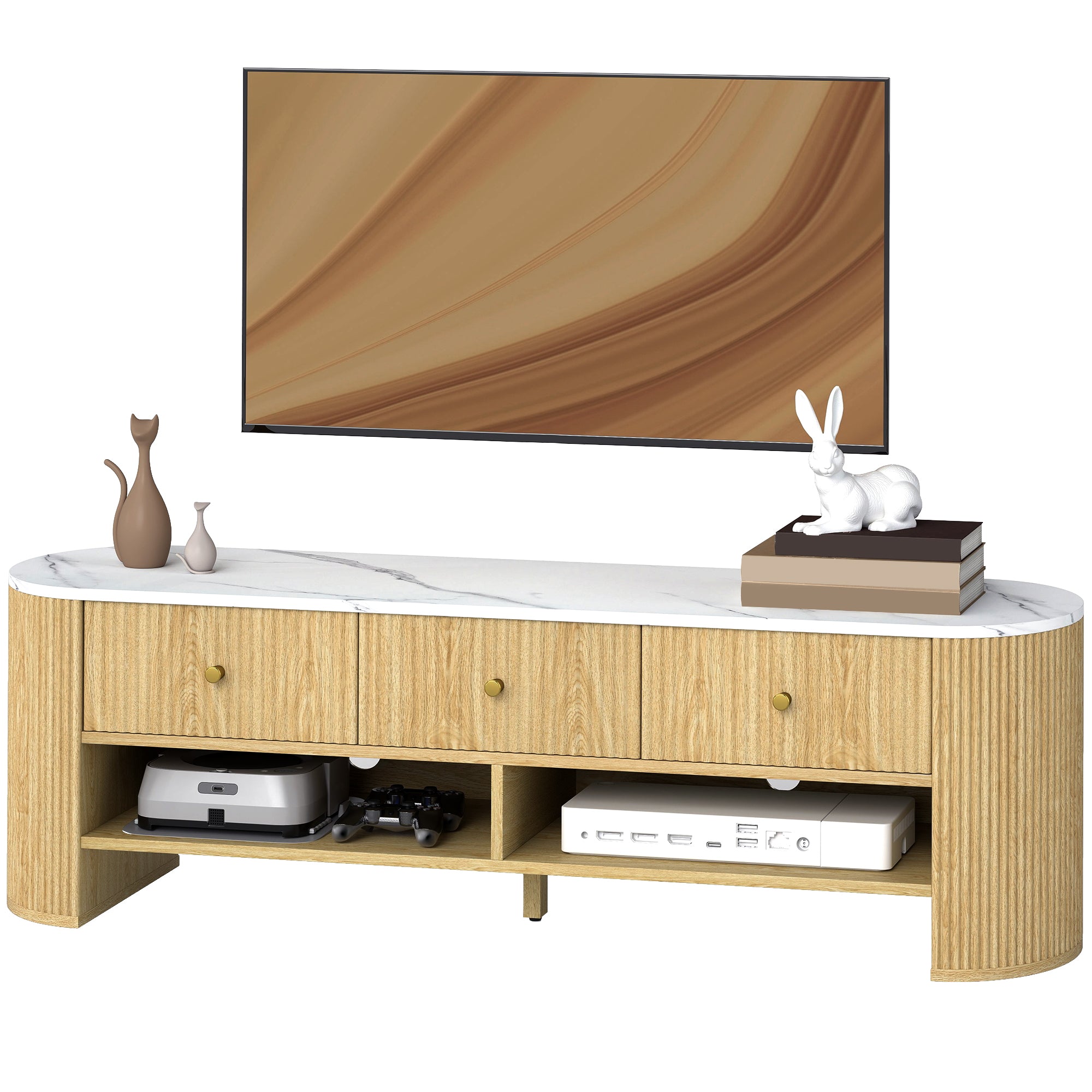 Modern TV Stand with Marble-Effect Top, 3 Drawers, 2 Shelves, 32-65 Inch Fit, Natural-DECOROLALA