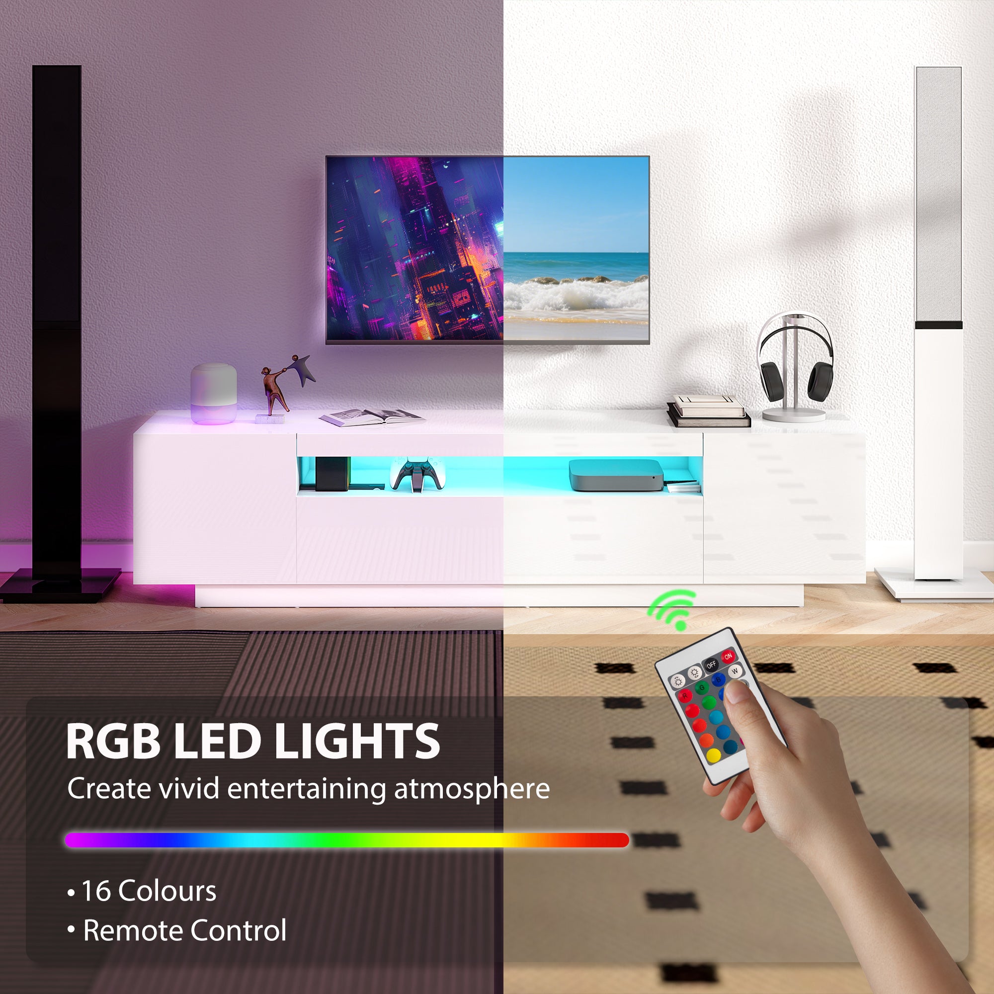 Modern TV Stand with RGB LED Lights for 65-85" TV - White-DECOROLALA