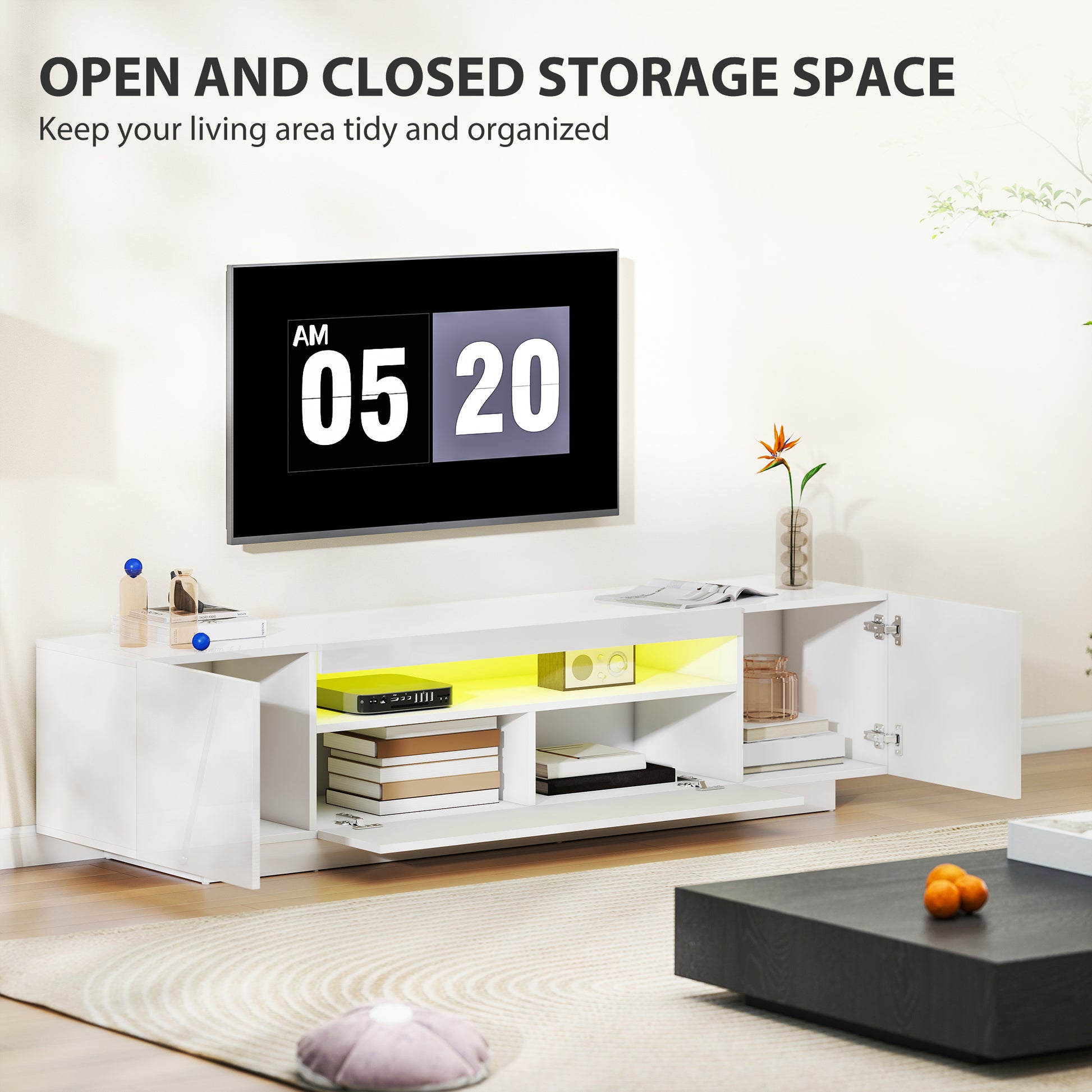 Modern TV Stand with RGB LED Lights for 65-85" TV - White-DECOROLALA