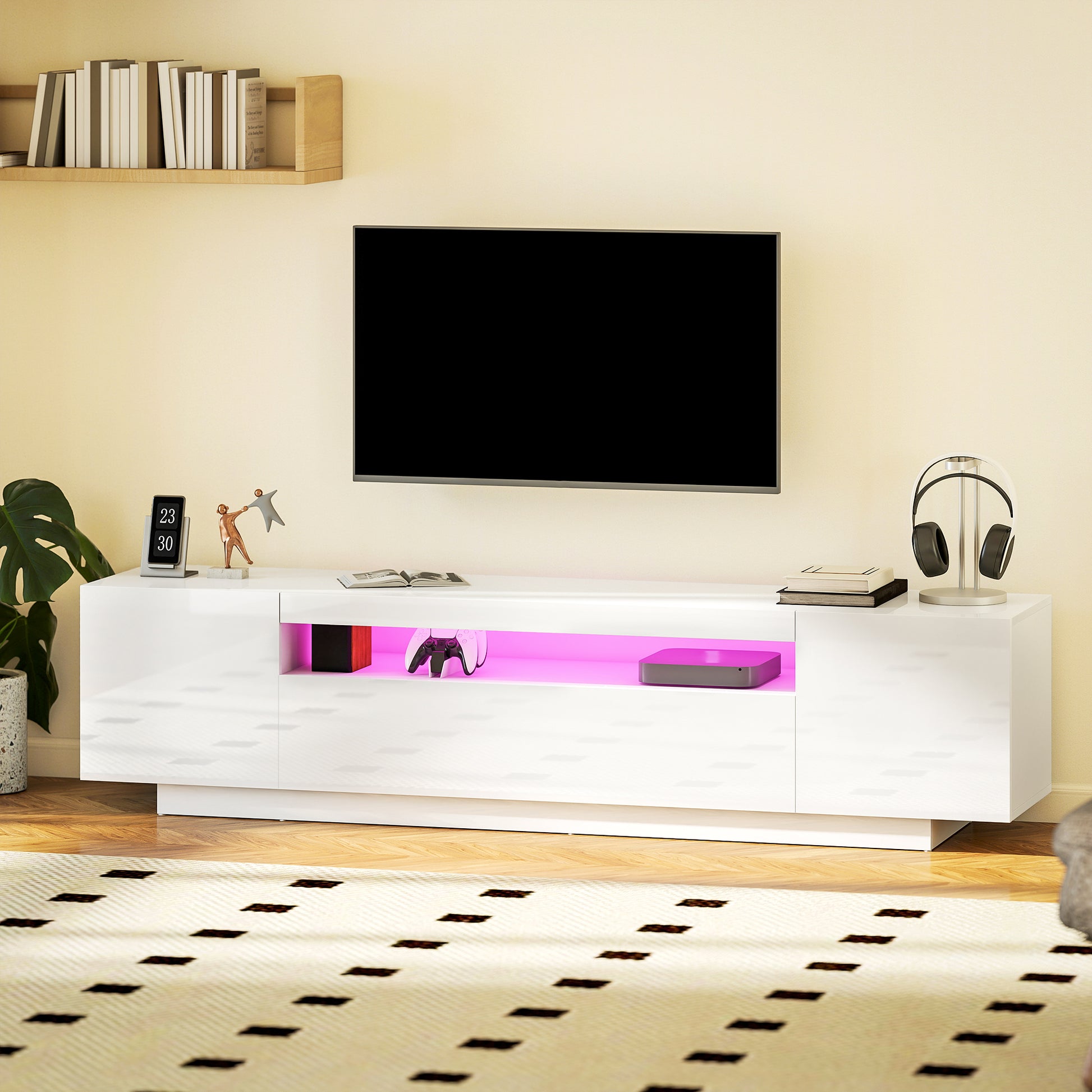 Modern TV Stand with RGB LED Lights for 65-85" TV - White-DECOROLALA
