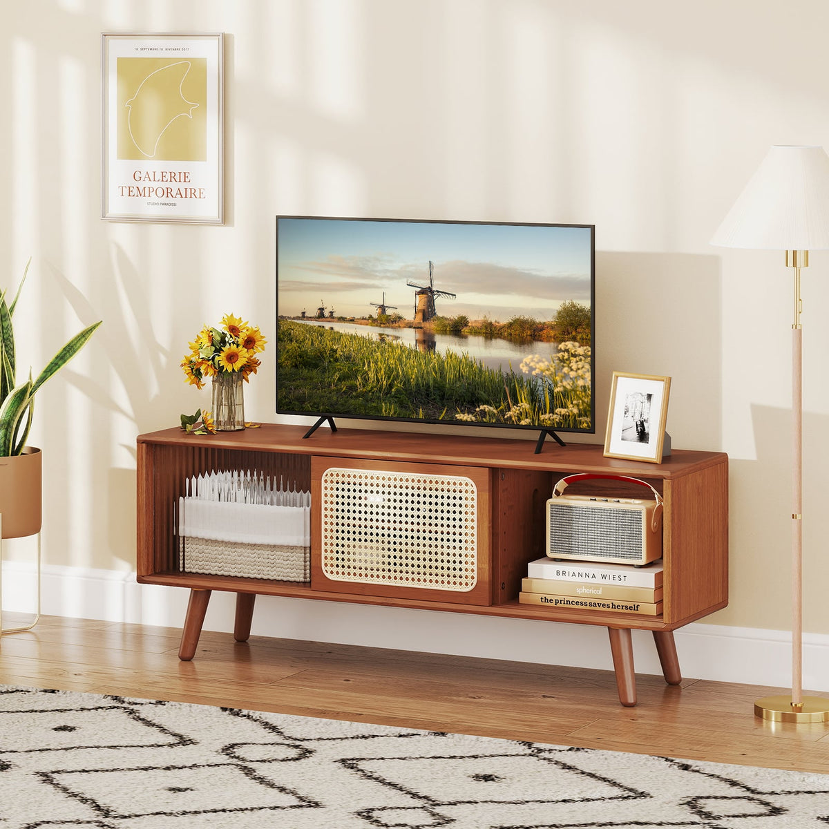 Modern TV Stand with Rattan Glass Sliding Doors-Brown-Entertainment Centers & TV Stands-DECOROLALA