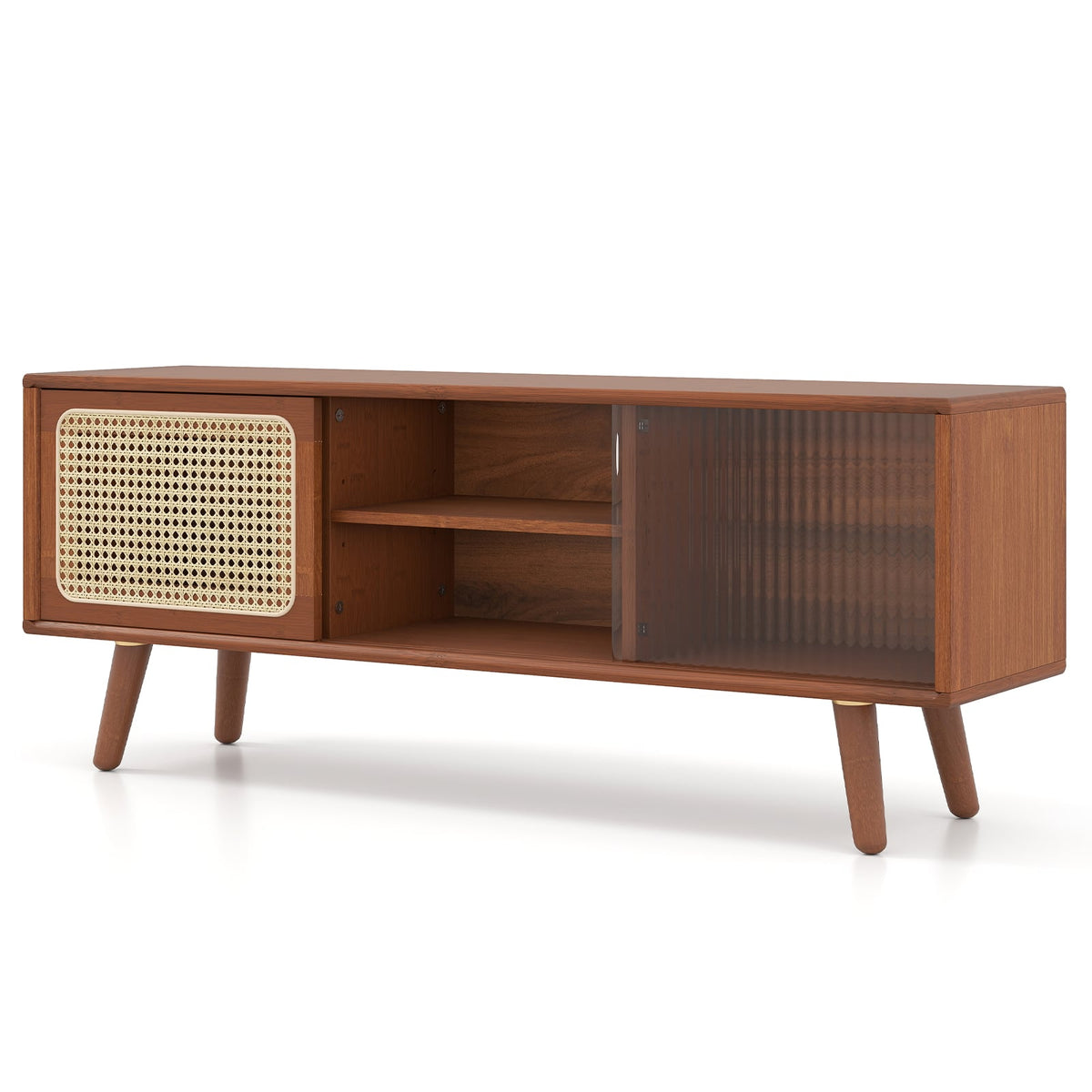 Modern TV Stand with Rattan Glass Sliding Doors-Brown-Entertainment Centers & TV Stands-DECOROLALA