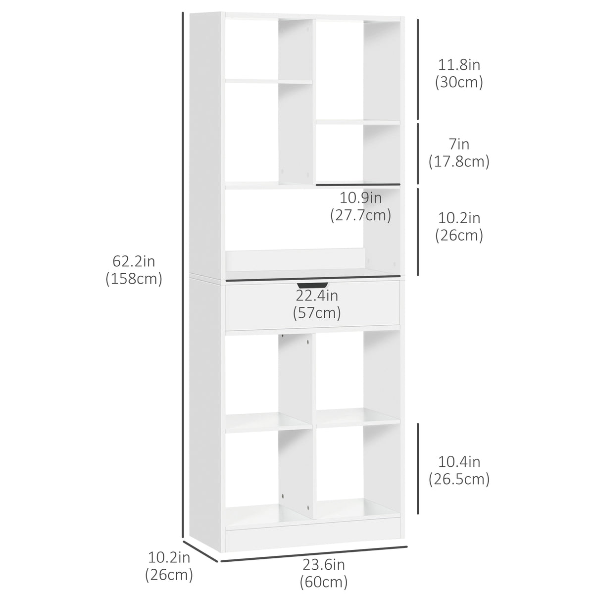 Modern Tall Bookshelf with Drawer - White MDF 62" H-Home Furnishings > Storage & Organization > Bookshelves & Bookcases > White Bookshelves-DECOROLALA