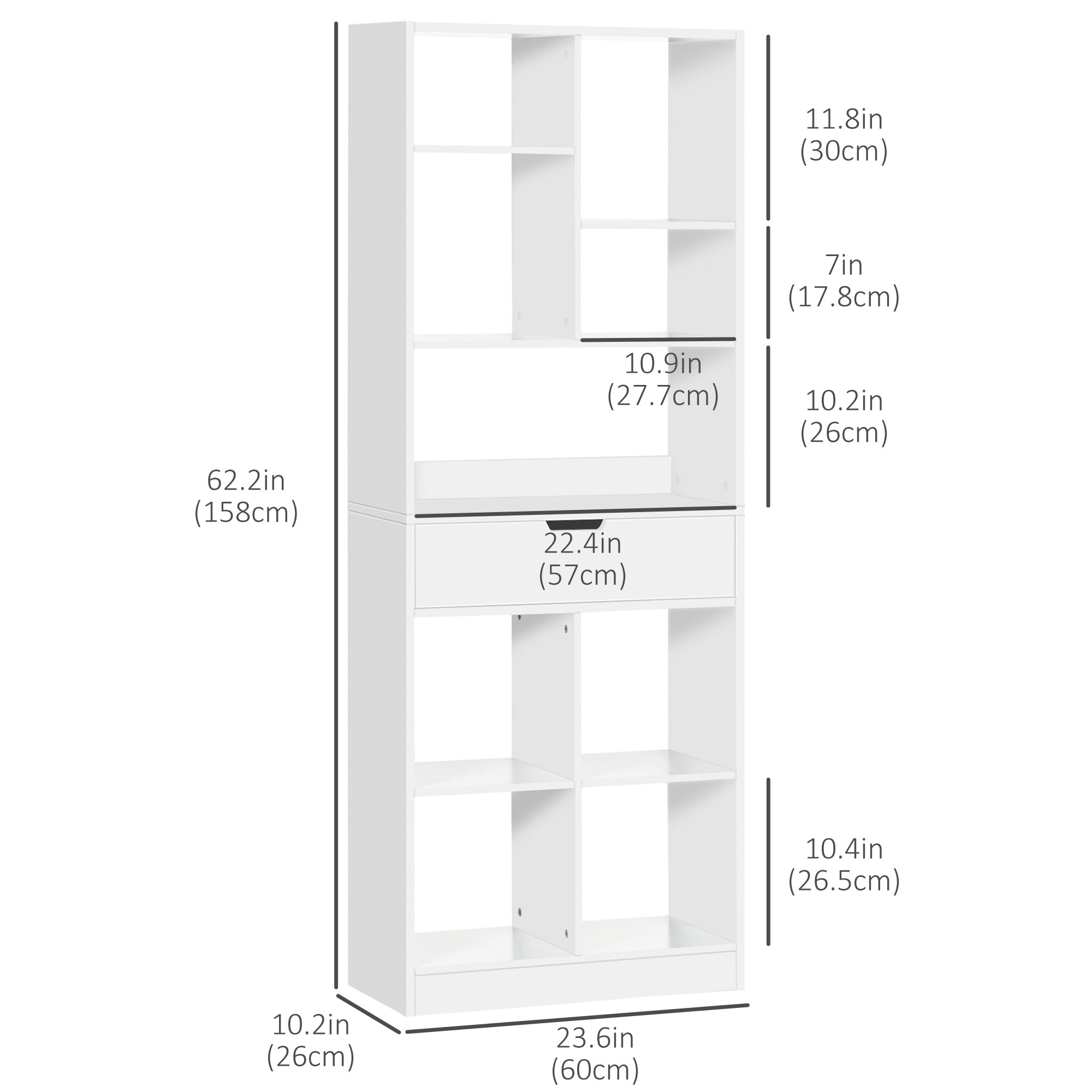 Modern Tall Bookshelf with Drawer - White MDF 62" H-Home Furnishings > Storage & Organization > Bookshelves & Bookcases > White Bookshelves-DECOROLALA