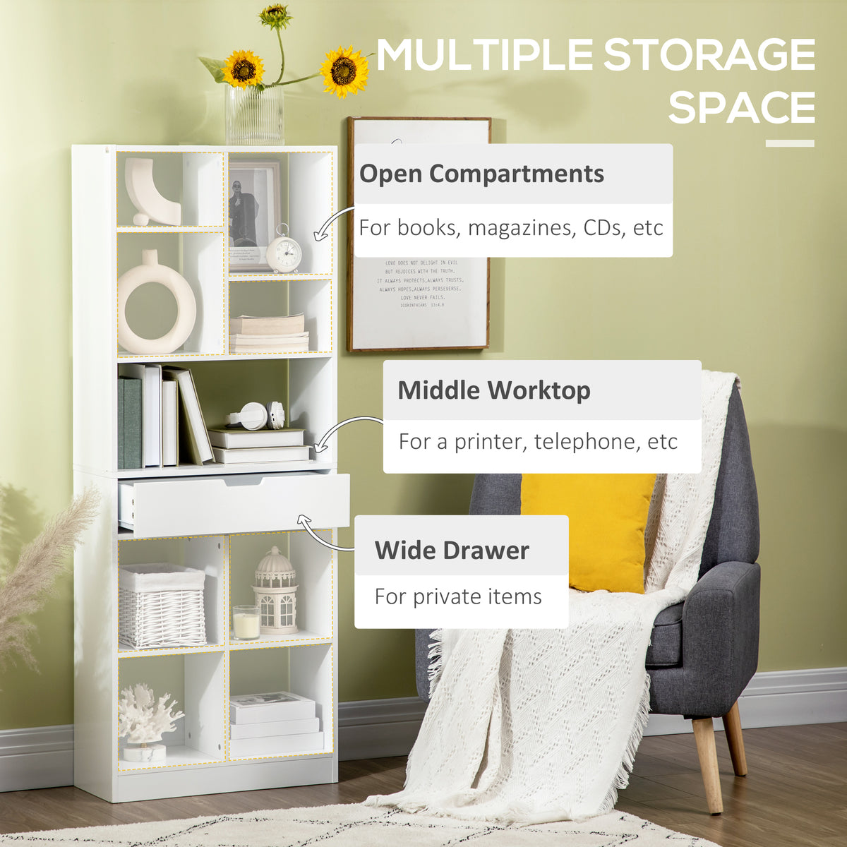 Modern Tall Bookshelf with Drawer - White MDF 62" H-Home Furnishings > Storage & Organization > Bookshelves & Bookcases > White Bookshelves-DECOROLALA
