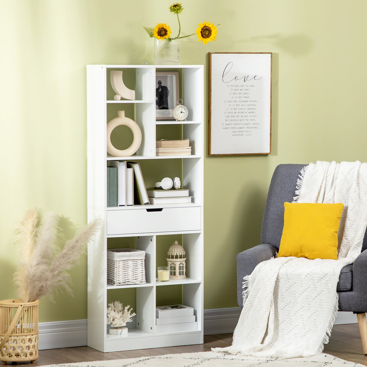Modern Tall Bookshelf with Drawer - White MDF 62" H-Home Furnishings > Storage & Organization > Bookshelves & Bookcases > White Bookshelves-DECOROLALA