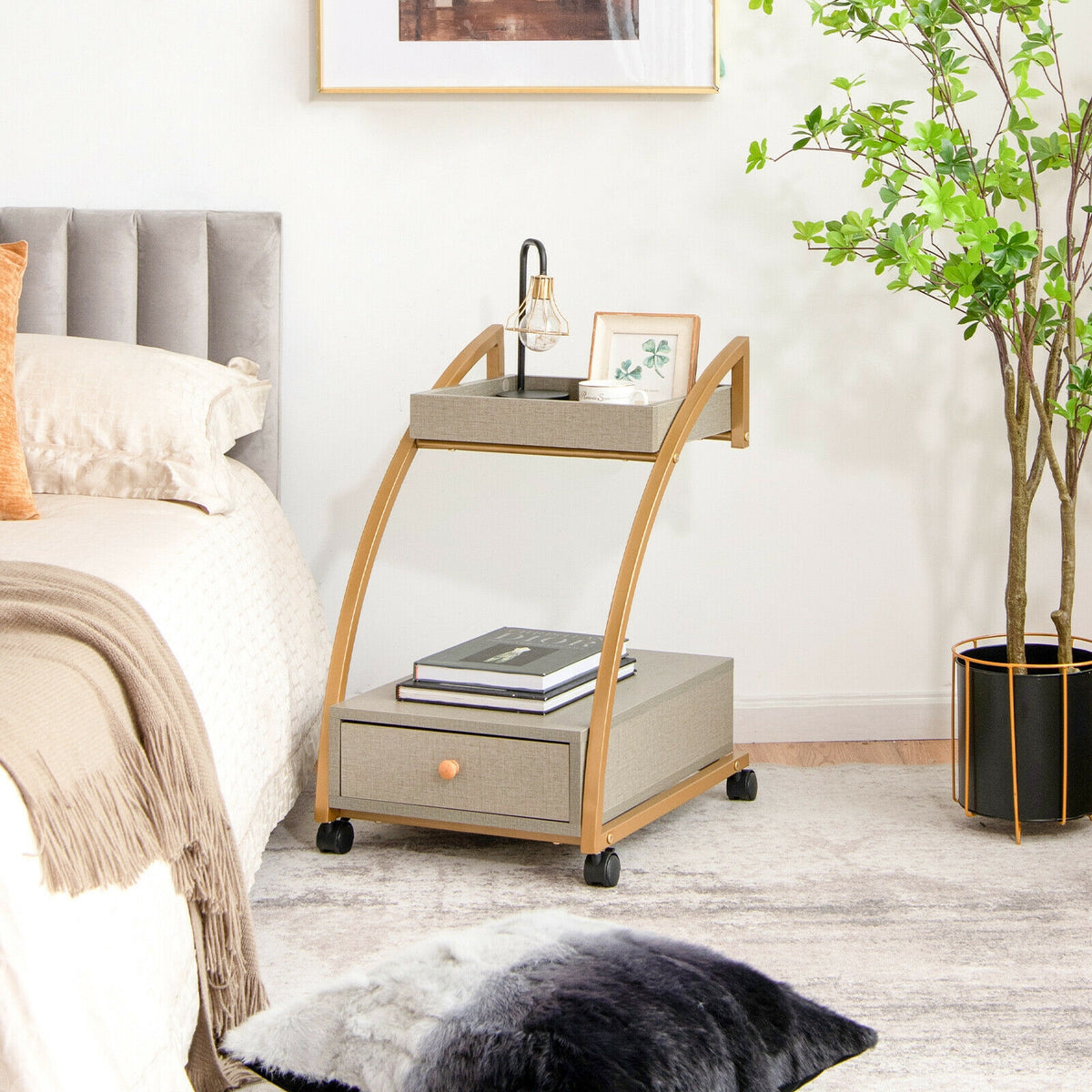 Modern Tray Top 4 Casters Rolling End Table with Storage Drawer-Gray-End & Side Tables-DECOROLALA