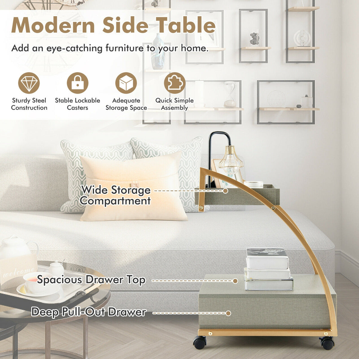Modern Tray Top 4 Casters Rolling End Table with Storage Drawer-Gray-End & Side Tables-DECOROLALA