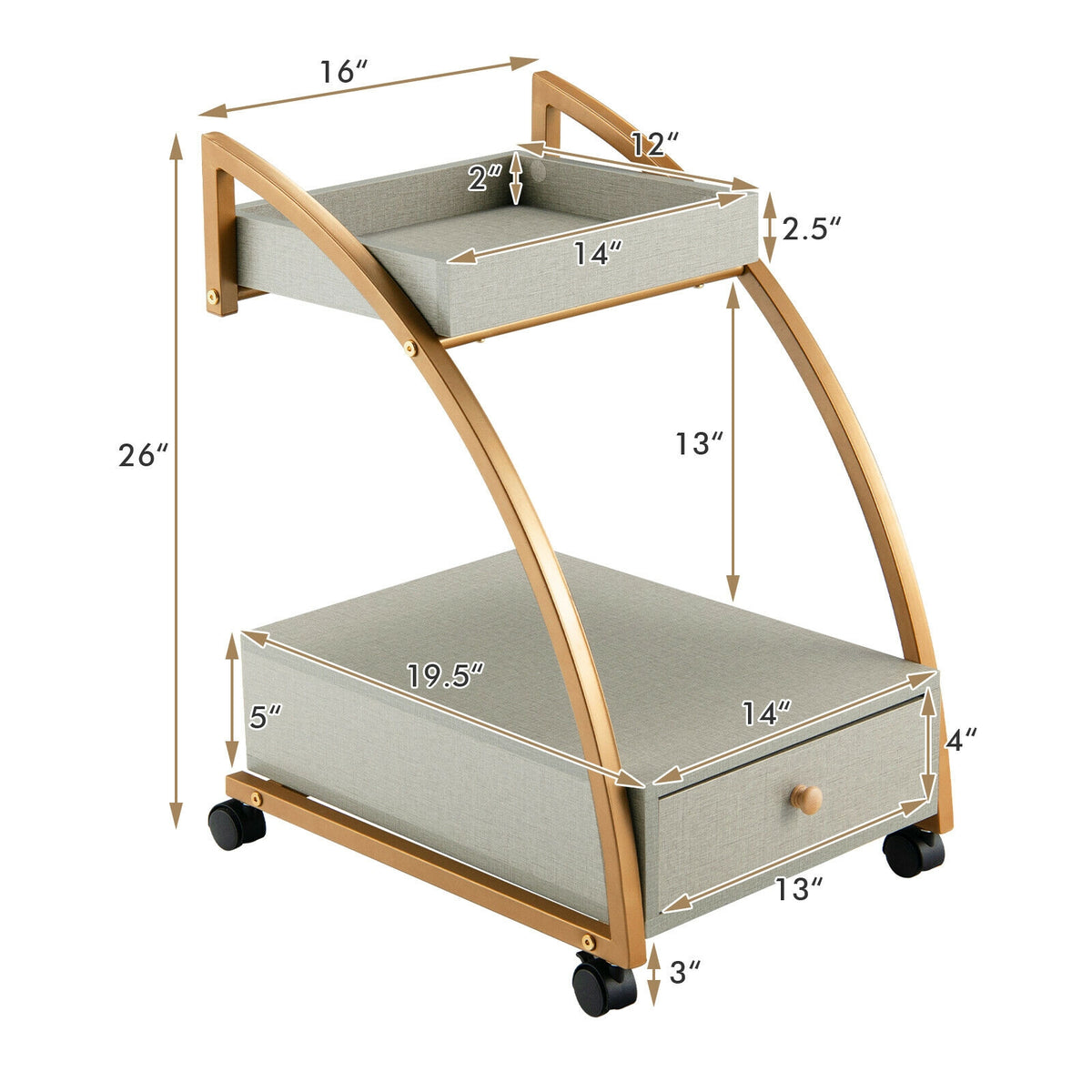 Modern Tray Top 4 Casters Rolling End Table with Storage Drawer-Gray-End & Side Tables-DECOROLALA