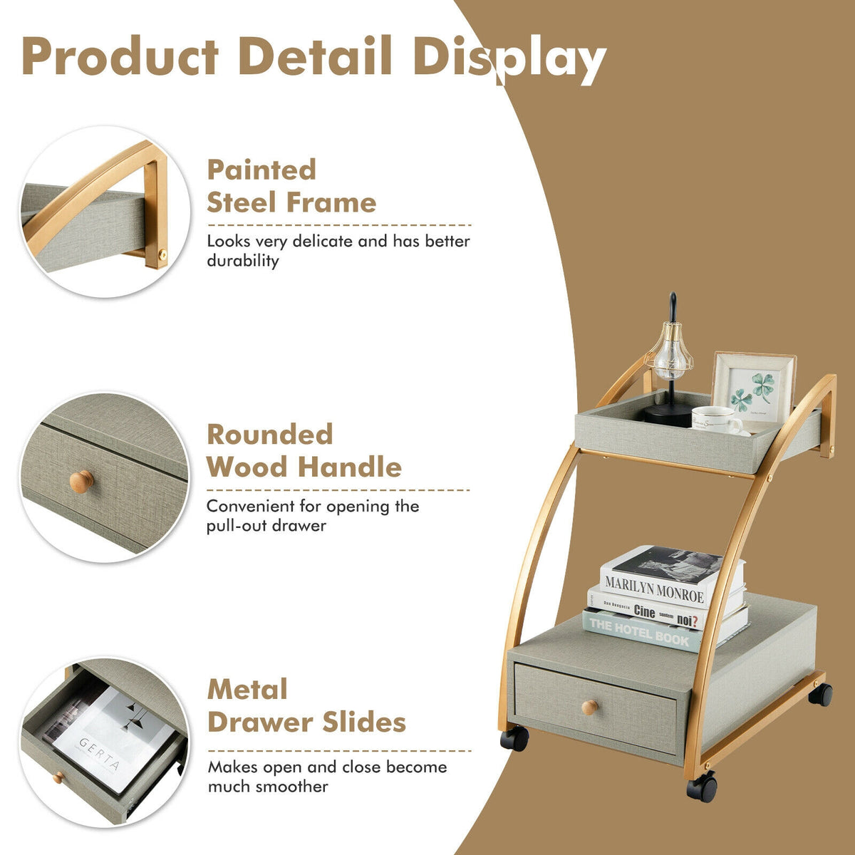 Modern Tray Top 4 Casters Rolling End Table with Storage Drawer-Gray-End & Side Tables-DECOROLALA