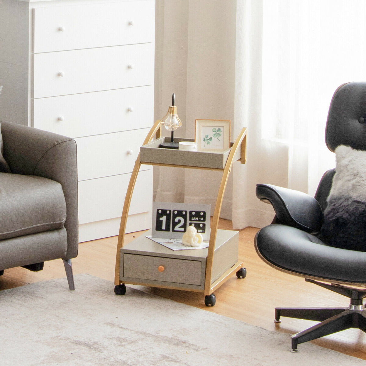 Modern Tray Top 4 Casters Rolling End Table with Storage Drawer-Gray-End & Side Tables-DECOROLALA