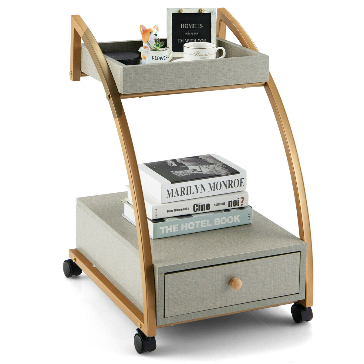 Modern Tray Top 4 Casters Rolling End Table with Storage Drawer-Gray-End & Side Tables-DECOROLALA
