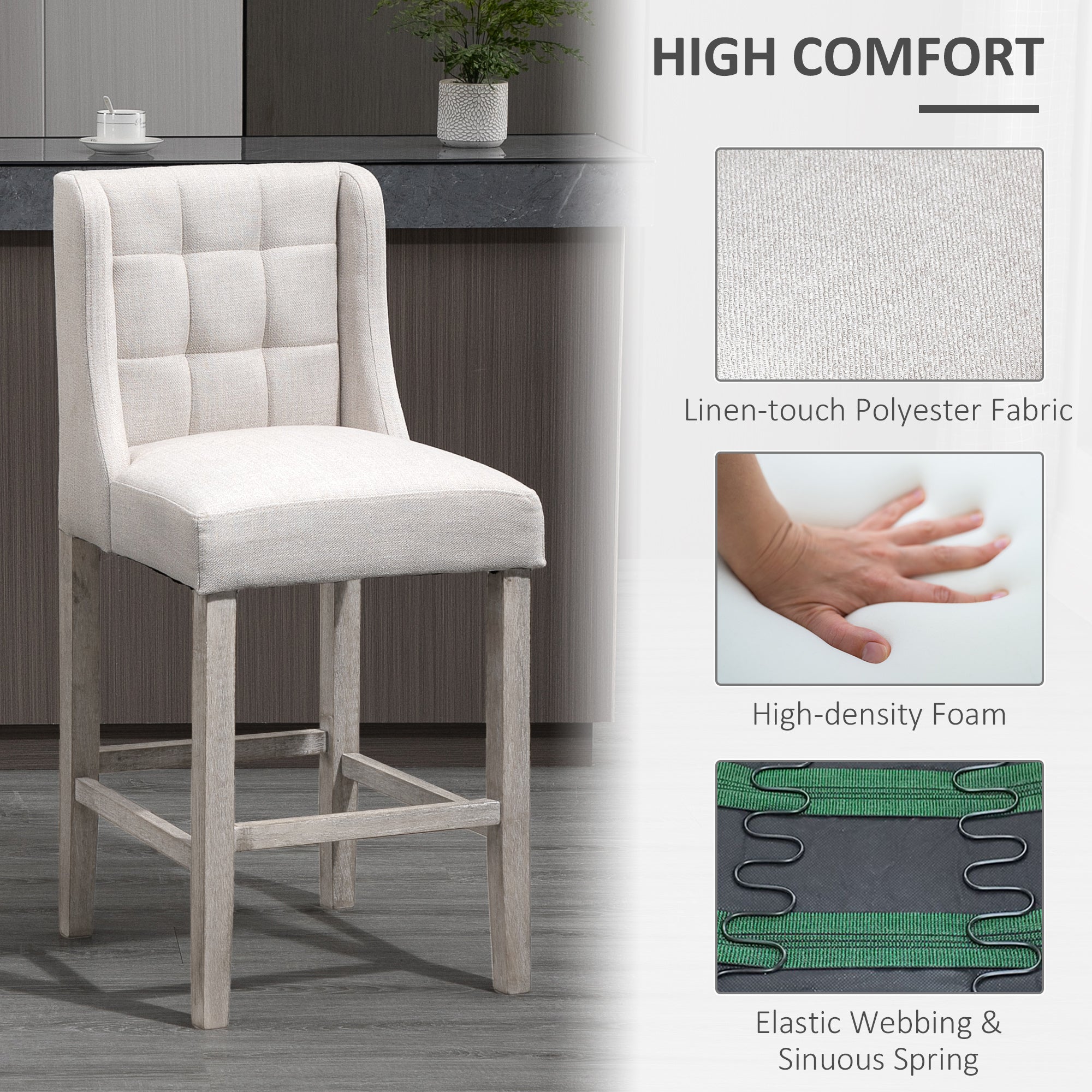Modern Tufted Counter Bar Stools - Set of 2, Beige-DECOROLALA