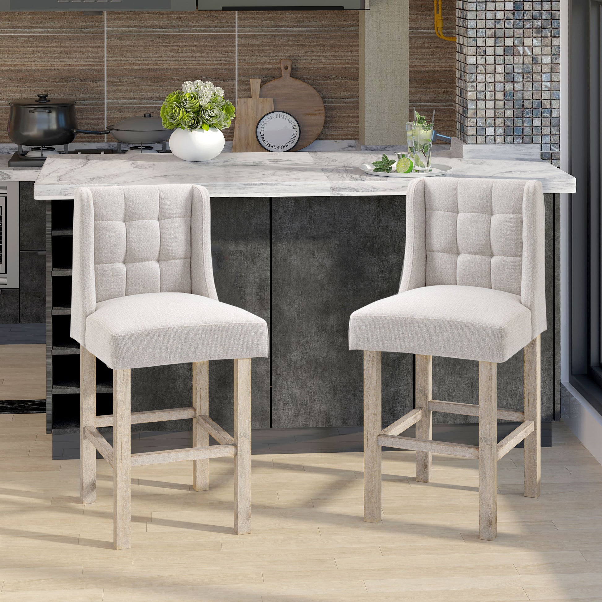 Modern Tufted Counter Bar Stools - Set of 2, Beige-DECOROLALA