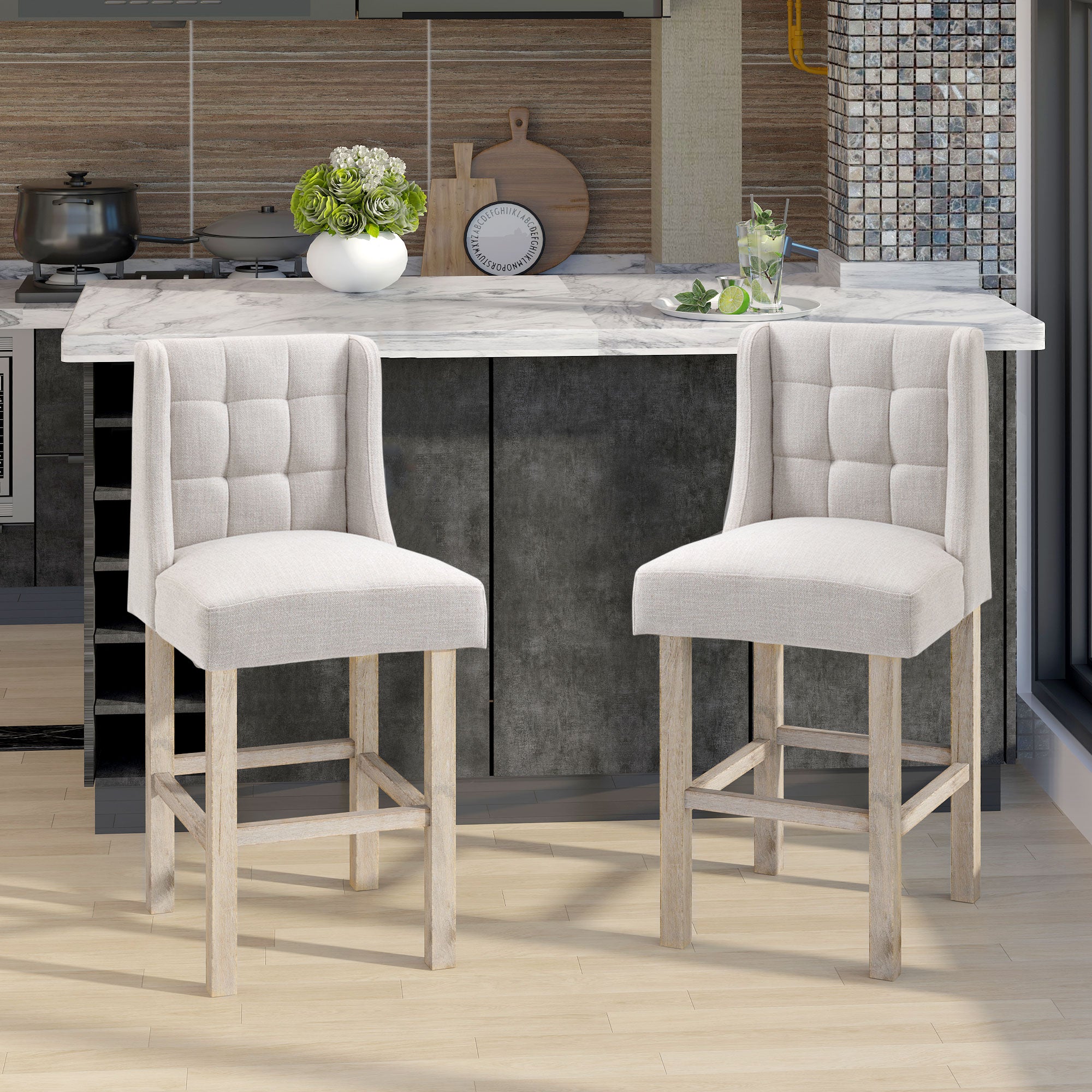 Modern Tufted Counter Bar Stools - Set of 2, Beige-DECOROLALA