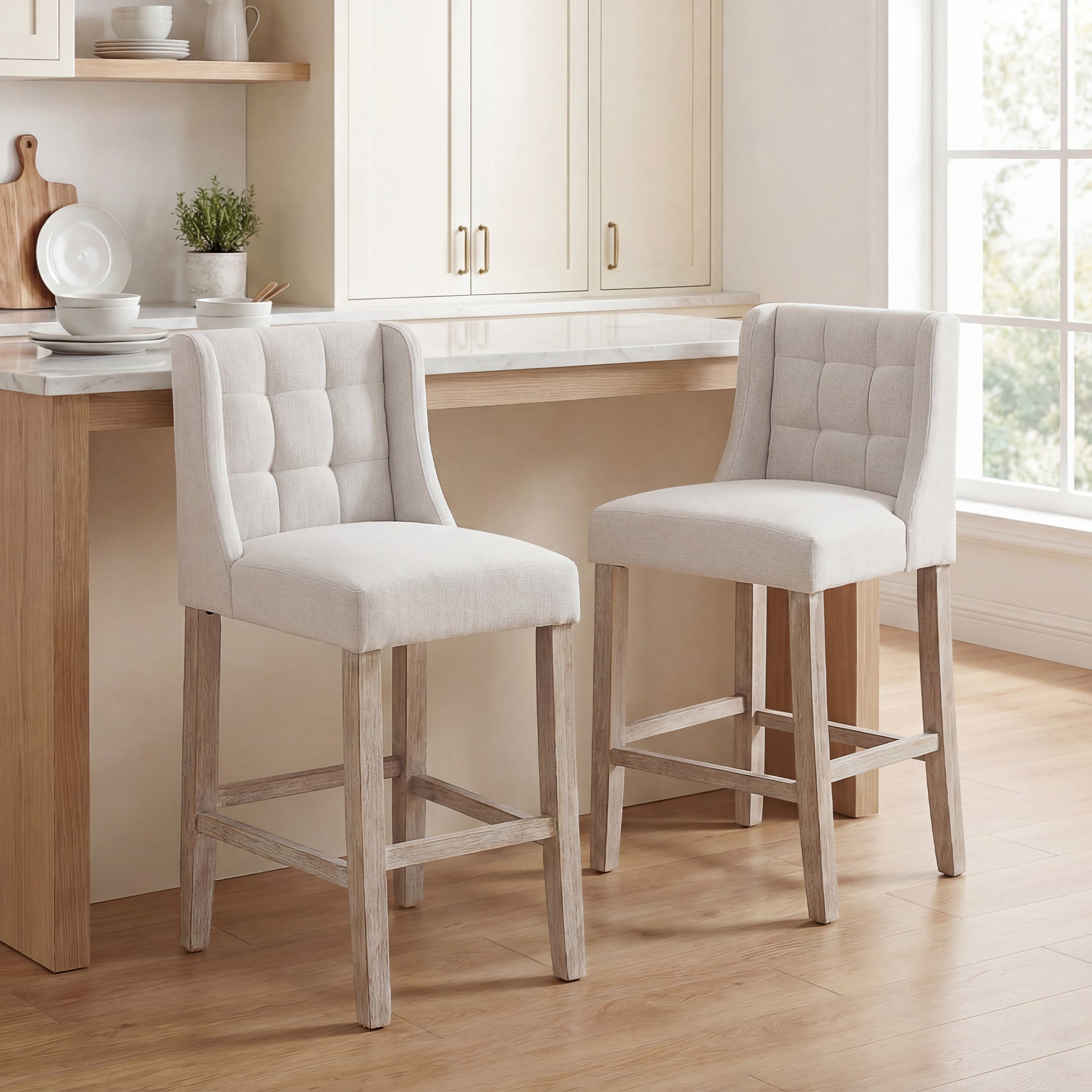 Modern Tufted Counter Bar Stools - Set of 2, Beige-DECOROLALA