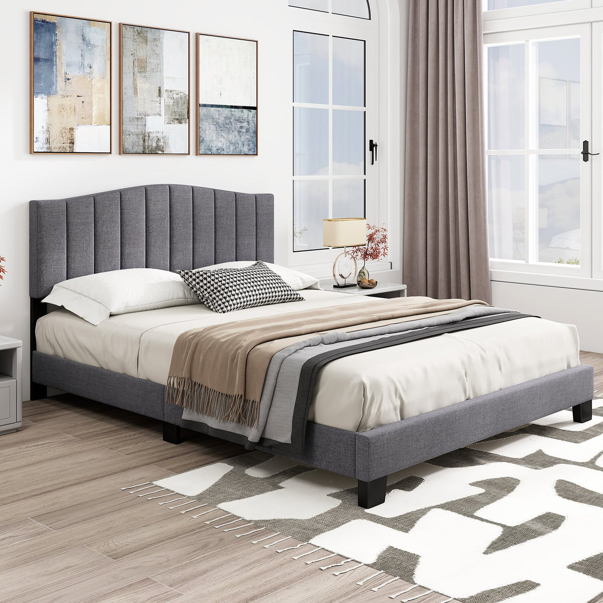 Modern Upholstered Bed Frame with Adjustable Vertical Channel Tufted Headboard-Queen Size-Simple Bed Frame-DECOROLALA