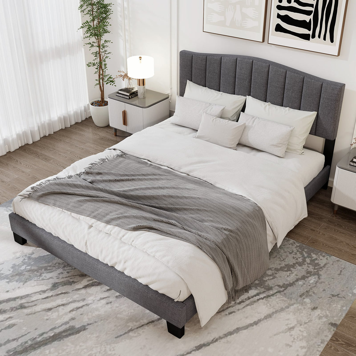 Modern Upholstered Bed Frame with Adjustable Vertical Channel Tufted Headboard-Queen Size-Simple Bed Frame-DECOROLALA