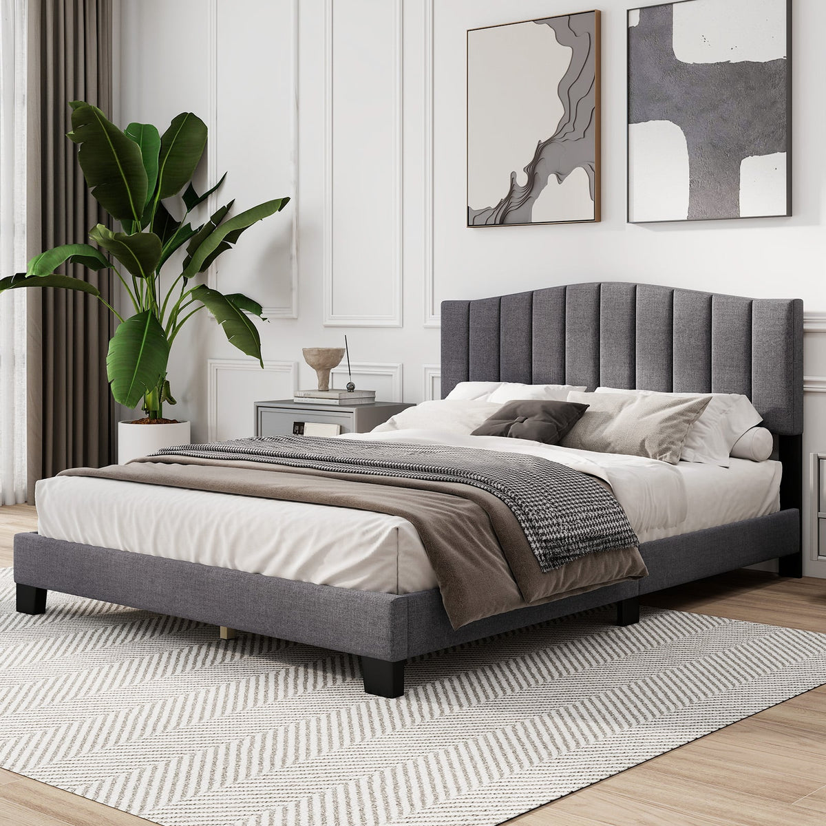 Modern Upholstered Bed Frame with Adjustable Vertical Channel Tufted Headboard-Queen Size-Simple Bed Frame-DECOROLALA