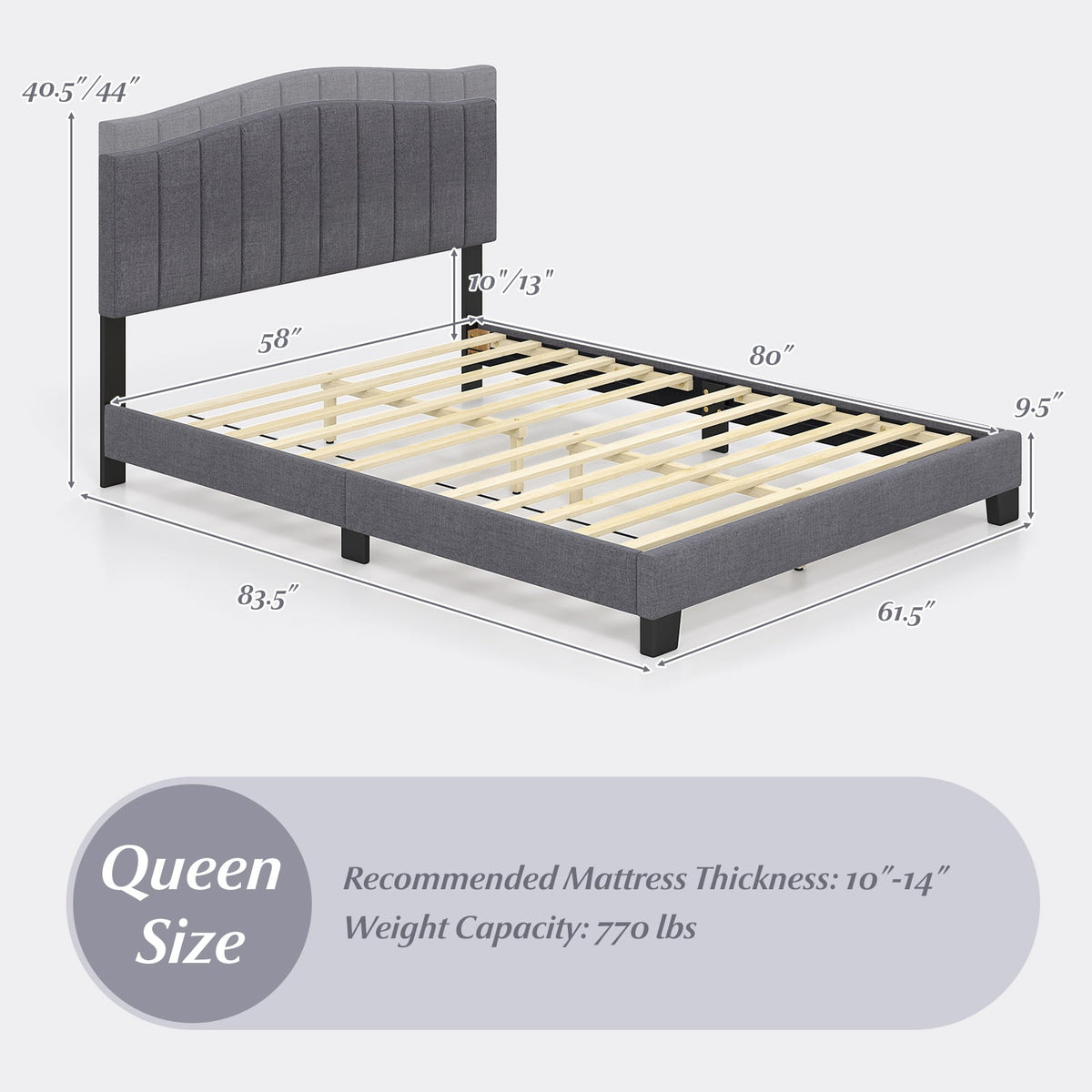 Modern Upholstered Bed Frame with Adjustable Vertical Channel Tufted Headboard-Queen Size-Simple Bed Frame-DECOROLALA