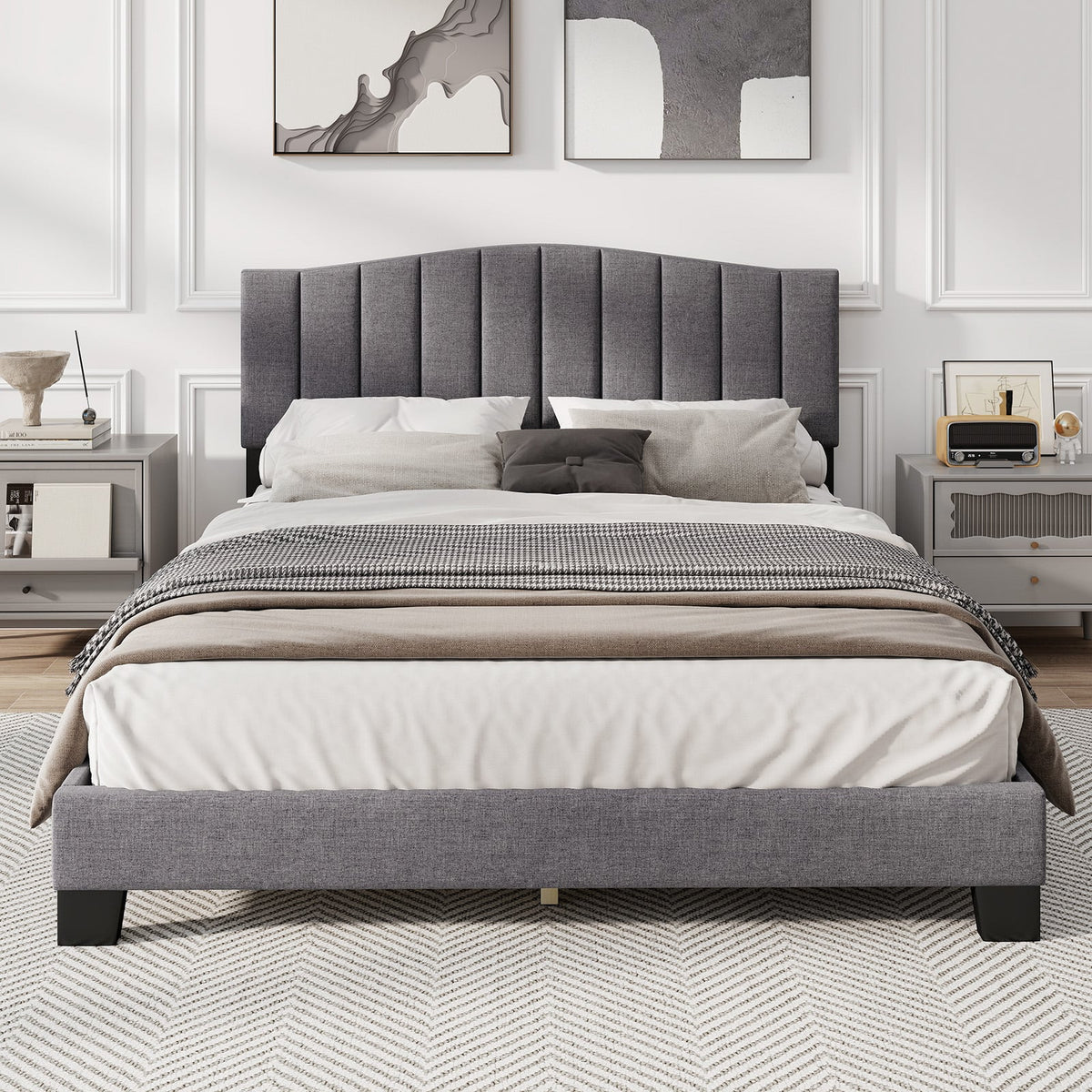 Modern Upholstered Bed Frame with Adjustable Vertical Channel Tufted Headboard-Queen Size-Simple Bed Frame-DECOROLALA