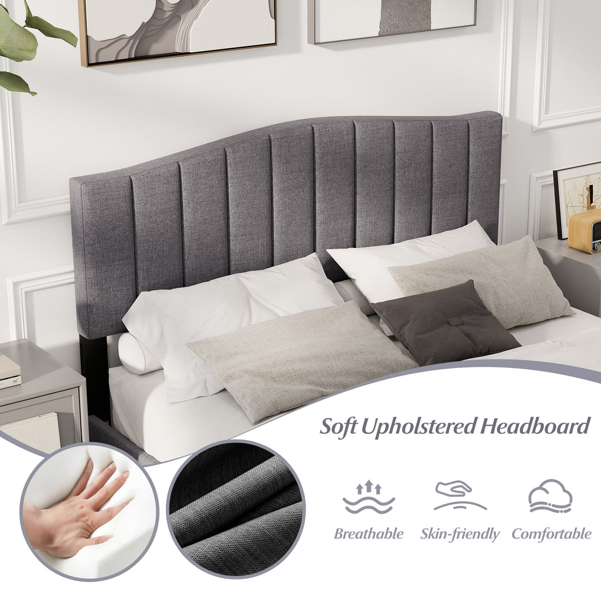 Modern Upholstered Bed Frame with Adjustable Vertical Channel Tufted Headboard-Queen Size-Simple Bed Frame-DECOROLALA