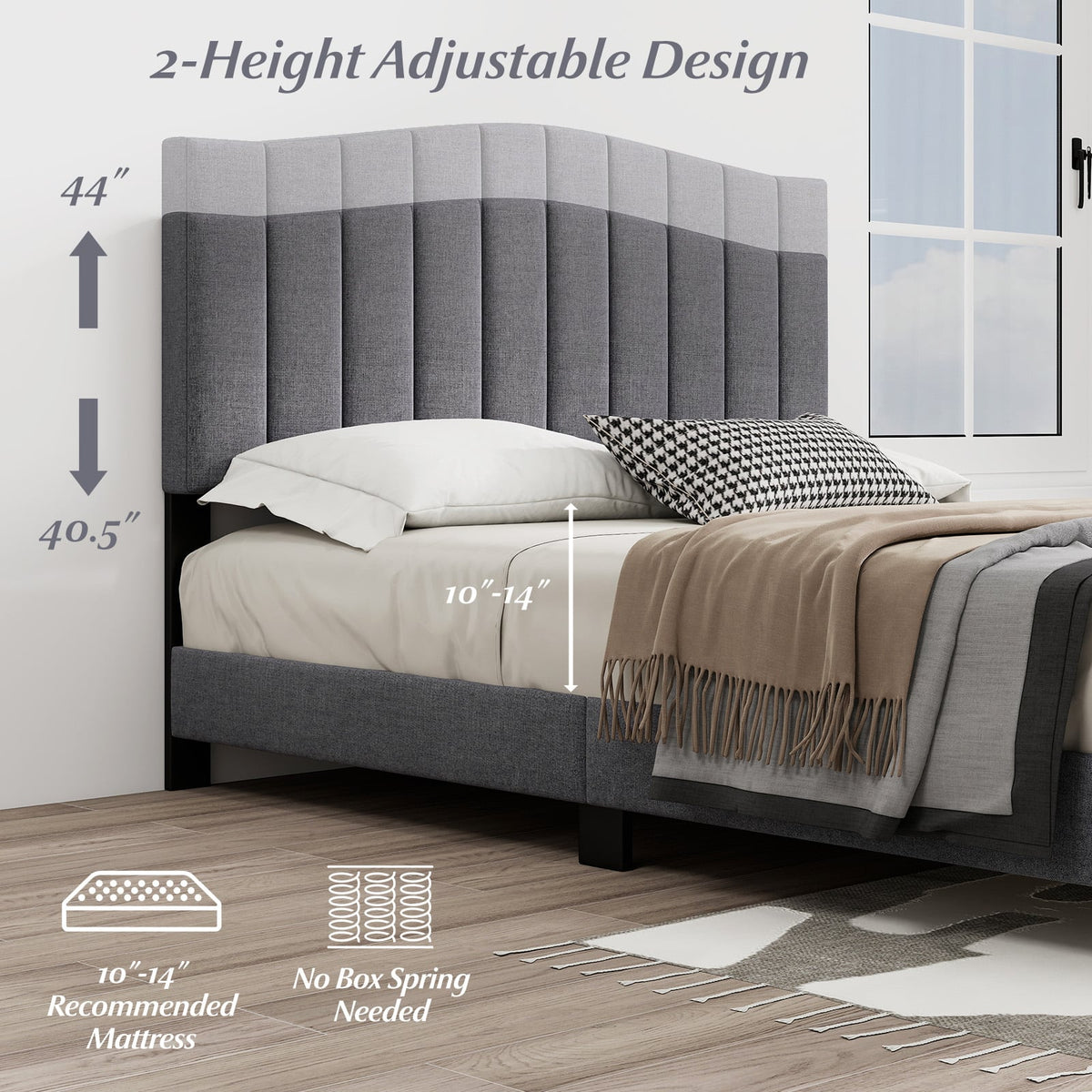 Modern Upholstered Bed Frame with Adjustable Vertical Channel Tufted Headboard-Queen Size-Simple Bed Frame-DECOROLALA