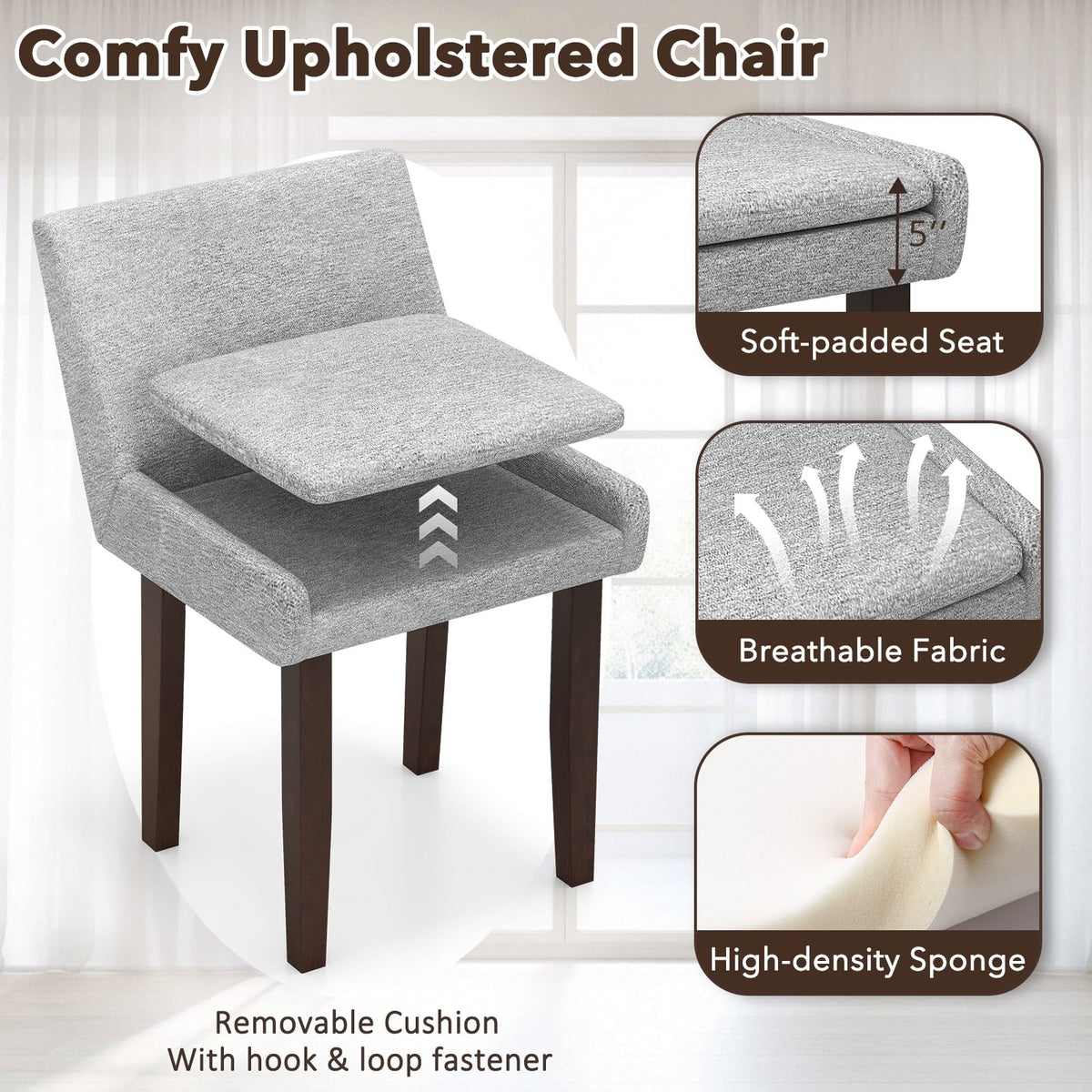 Modern Upholstered Fabric Side Leisure Chair Set of 2-Gray-Dining Chairs-DECOROLALA
