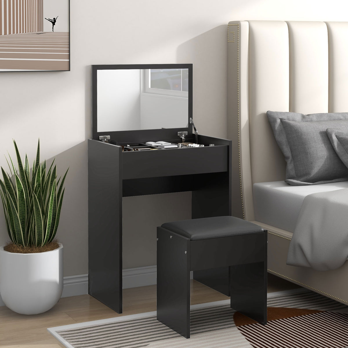 Modern Vanity Set - Flip Top Mirror & Stool - Black-Bedroom Vanity Tables-DECOROLALA