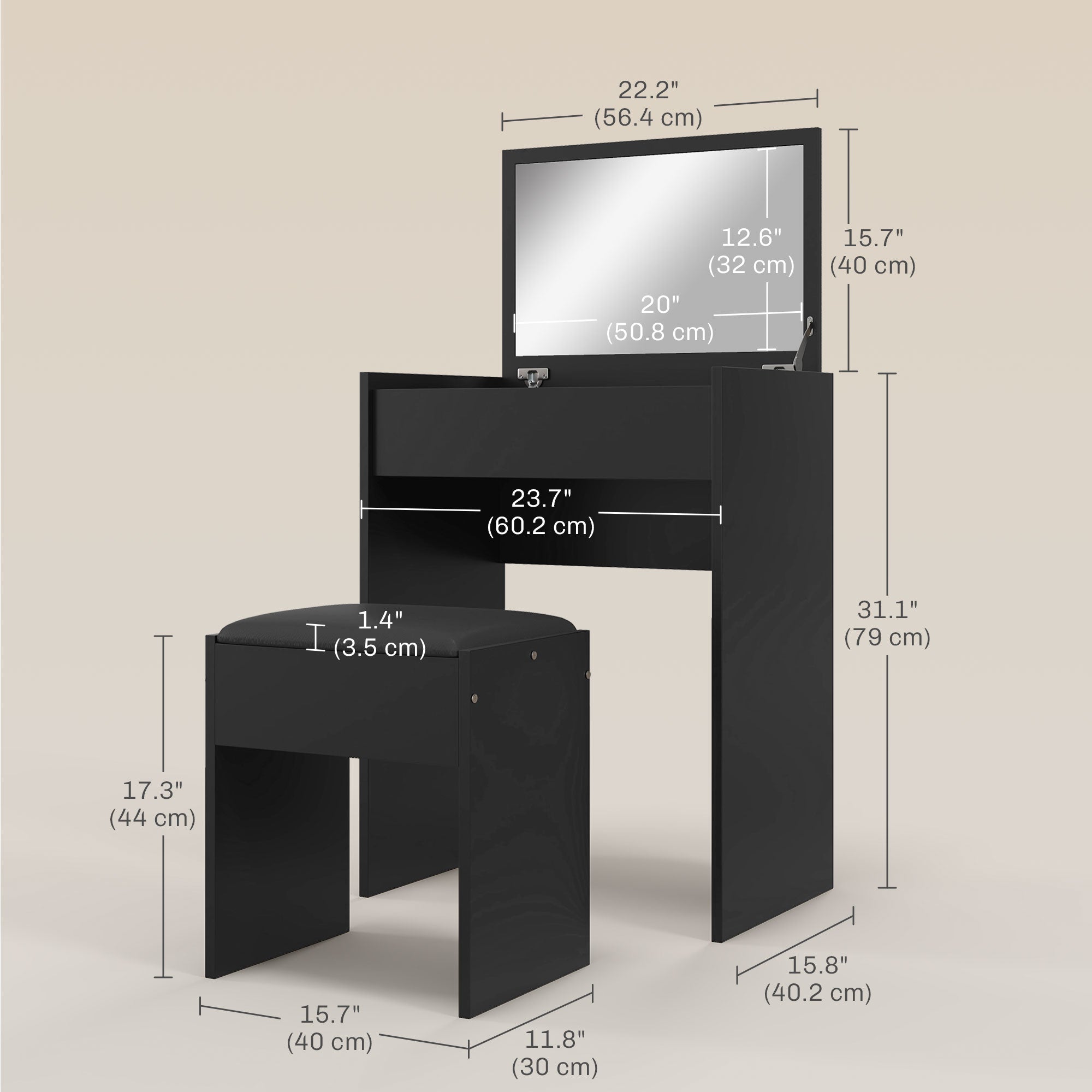 Modern Vanity Set - Flip Top Mirror & Stool - Black-Home Furnishings > Bedroom Furniture > Dressing & Vanity Tables-DECOROLALA