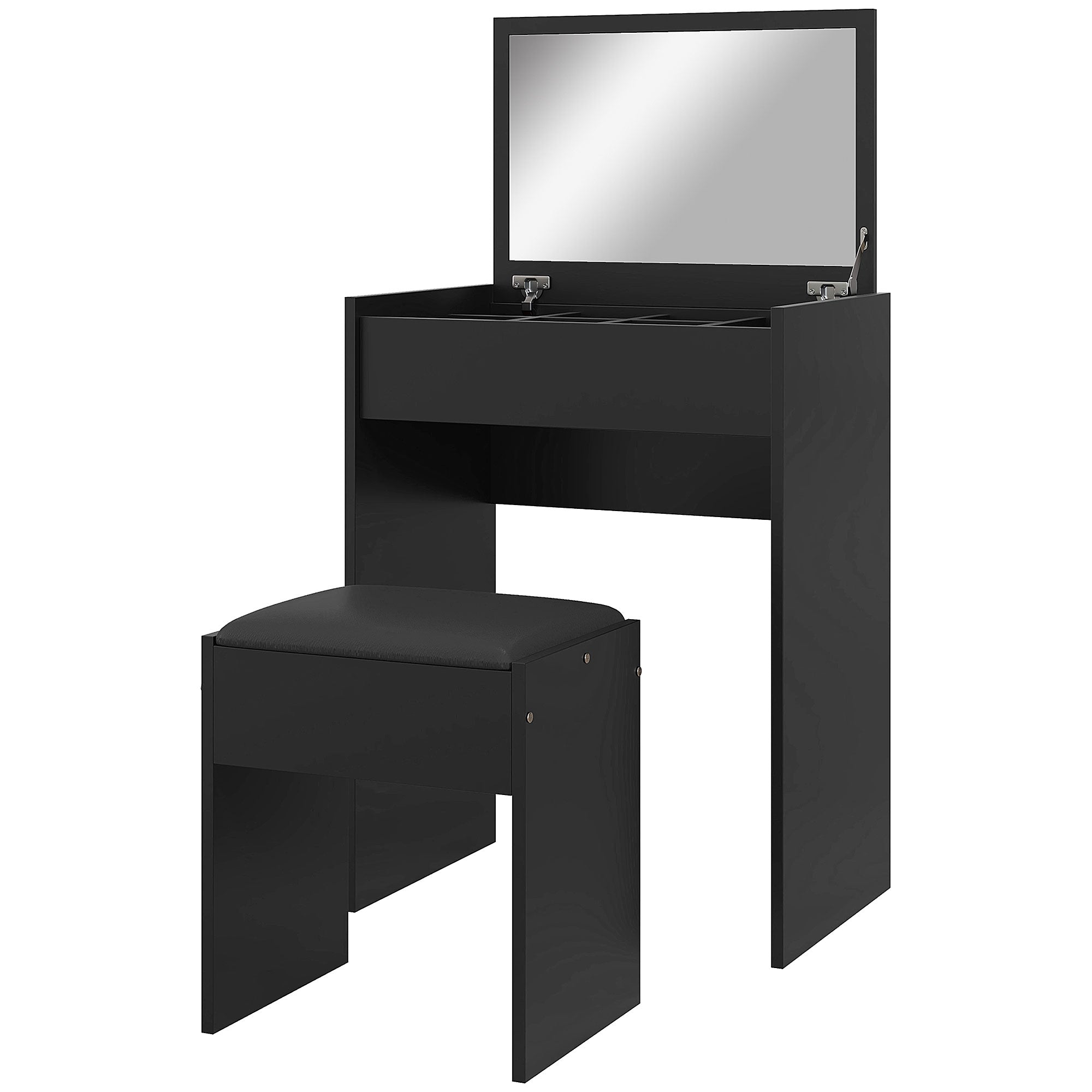 Modern Vanity Set - Flip Top Mirror & Stool - Black-Home Furnishings > Bedroom Furniture > Dressing & Vanity Tables-DECOROLALA