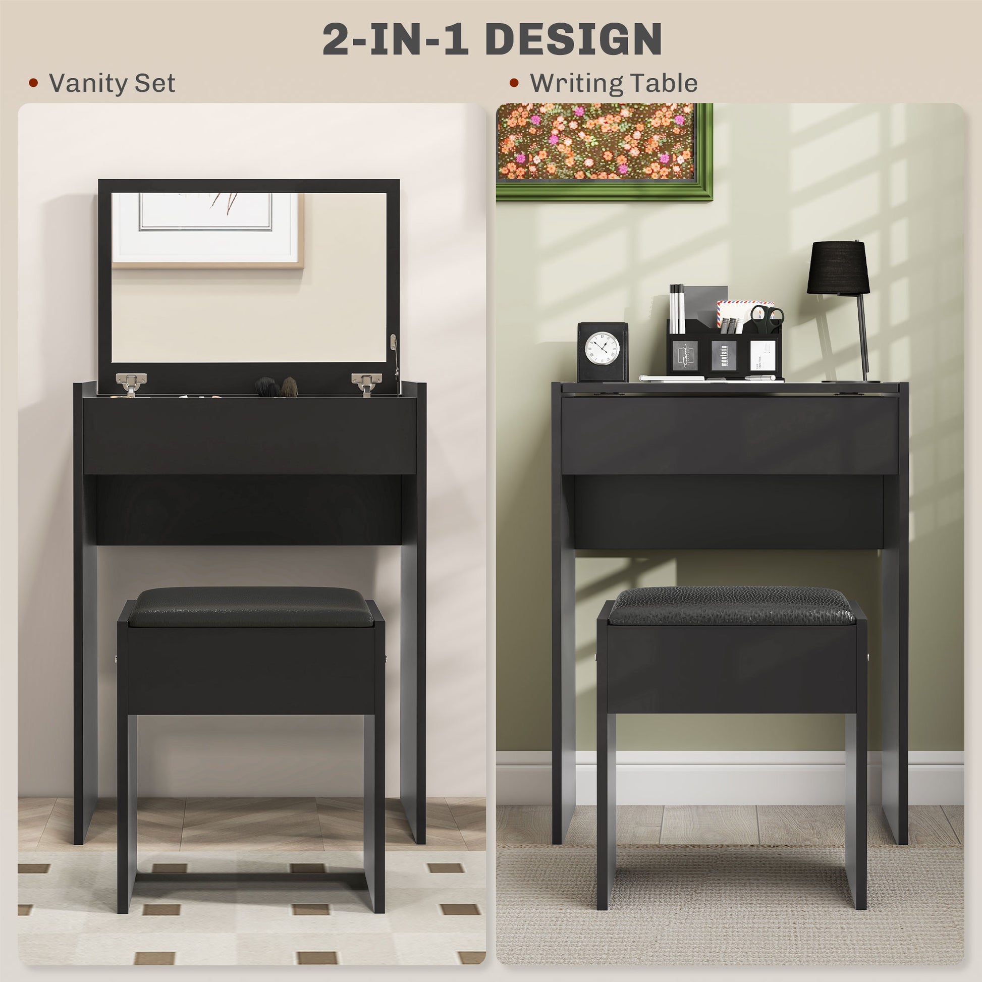 Modern Vanity Set with Makeup Table and Cushioned Stool, Dressing Table with Flip Top and Mirror for Bedroom, Black-Home Furnishings > Bedroom Furniture > Dressing & Vanity Tables-DECOROLALA