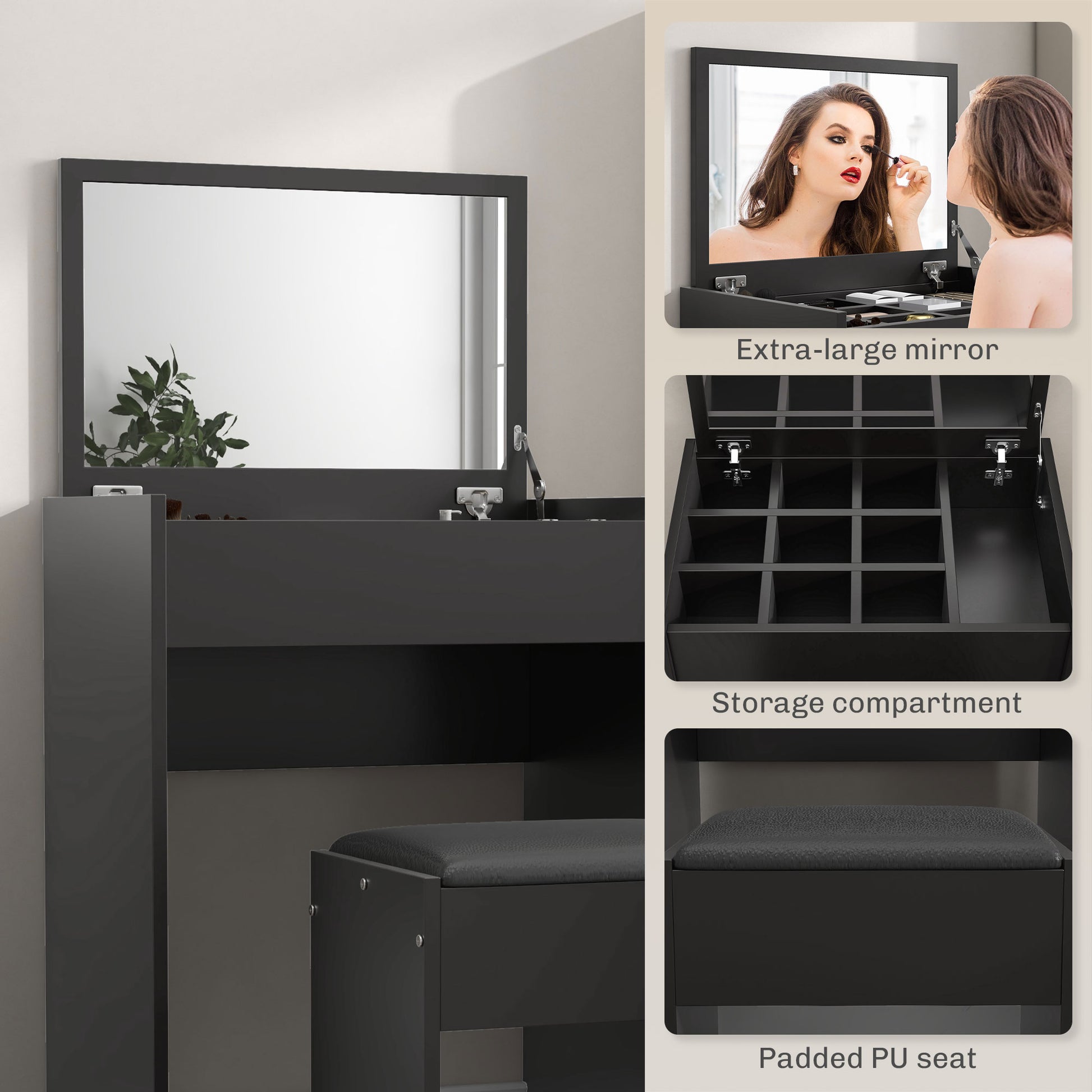 Modern Vanity Set with Makeup Table and Cushioned Stool, Dressing Table with Flip Top and Mirror for Bedroom, Black-Home Furnishings > Bedroom Furniture > Dressing & Vanity Tables-DECOROLALA