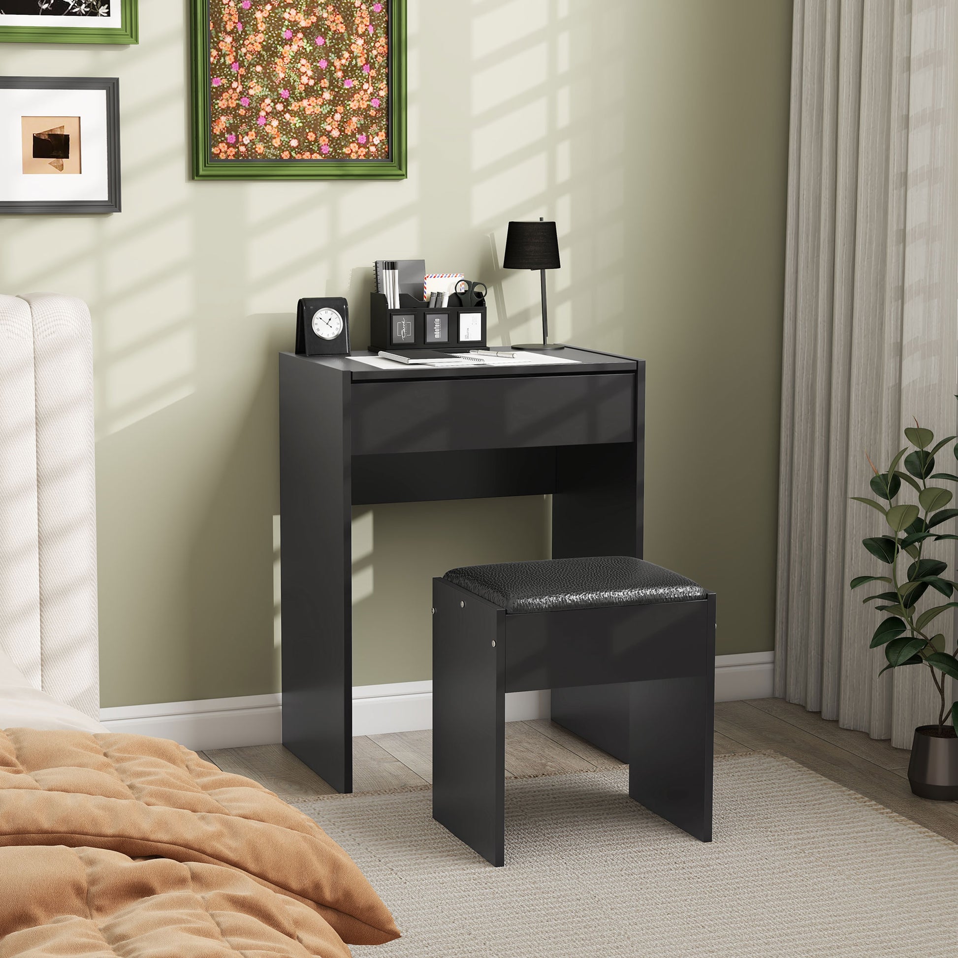 Modern Vanity Set with Makeup Table and Cushioned Stool, Dressing Table with Flip Top and Mirror for Bedroom, Black-Home Furnishings > Bedroom Furniture > Dressing & Vanity Tables-DECOROLALA