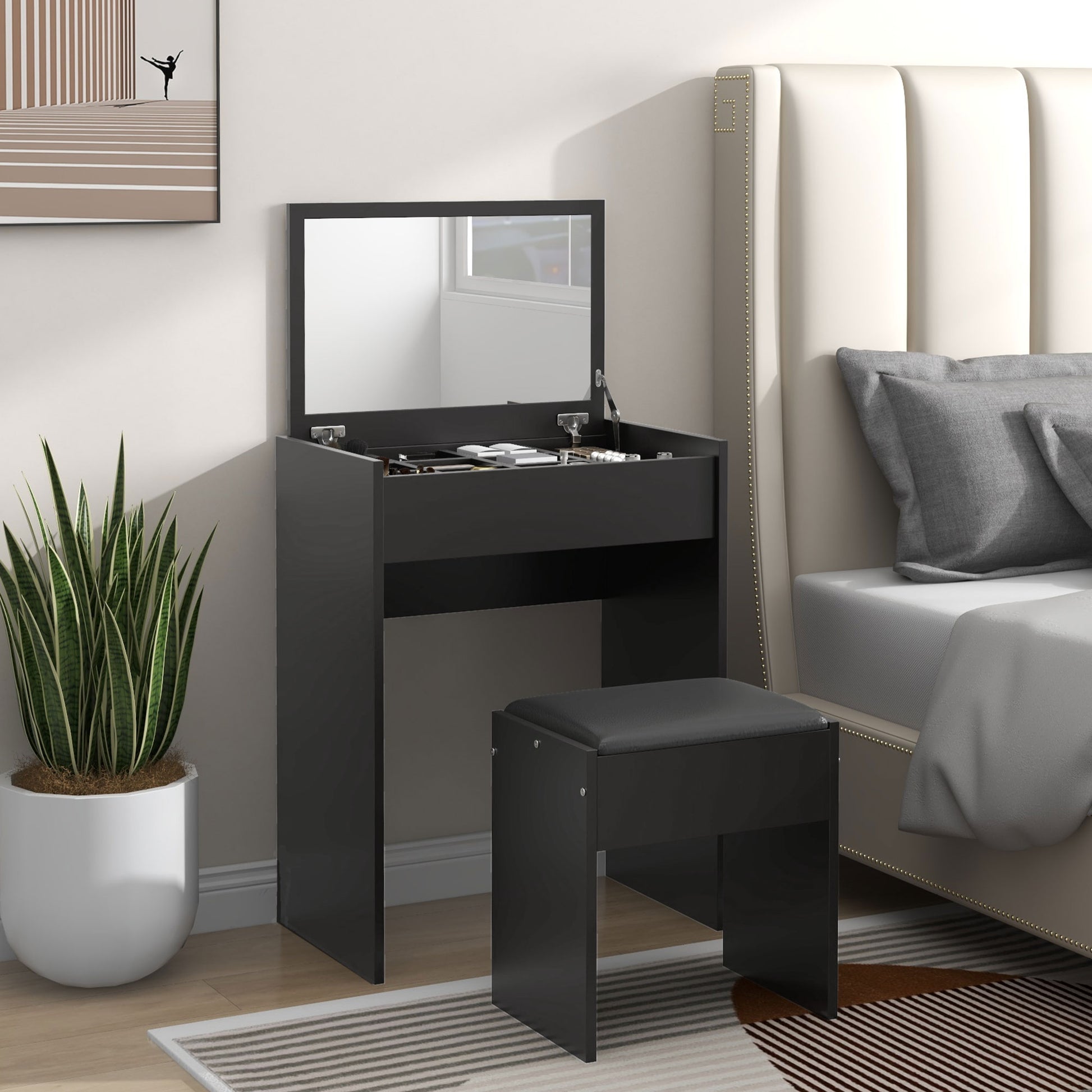 Modern Vanity Set with Makeup Table and Cushioned Stool, Dressing Table with Flip Top and Mirror for Bedroom, Black-Home Furnishings > Bedroom Furniture > Dressing & Vanity Tables-DECOROLALA