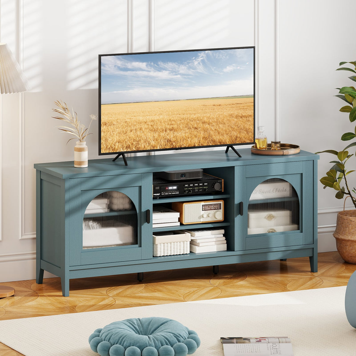 Modern Vintage TV Cabinet with Adjustable Shelves and 2 Cable Holes for TVs up to 65 Inches-Turquoise-Entertainment Centers & TV Stands-DECOROLALA