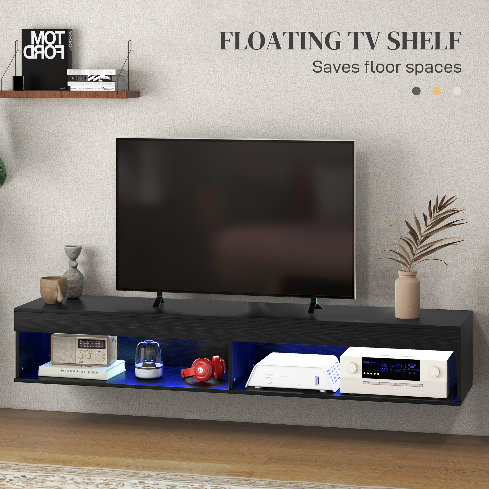 Modern Wall Mounted TV Stand with Storage and LED Lights for TVs up to 75", Floating TV Shelf for Living Room, Black-Home Furnishings > Living Room Furniture > TV¬†Stands-DECOROLALA