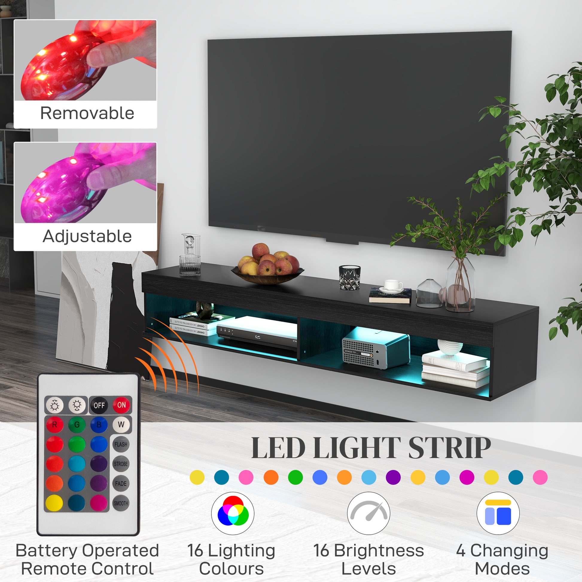Modern Wall Mounted TV Stand with Storage and LED Lights for TVs up to 75", Floating TV Shelf for Living Room, Black-Home Furnishings > Living Room Furniture > TV¬†Stands-DECOROLALA