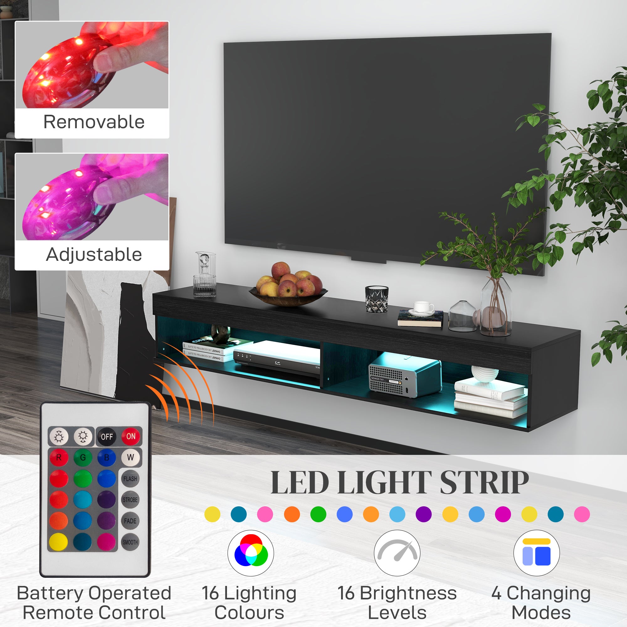 Modern Wall Mounted TV Stand with Storage and LED Lights for TVs up to 75", Floating TV Shelf for Living Room, Black-Home Furnishings > Living Room Furniture > TV¬†Stands-DECOROLALA