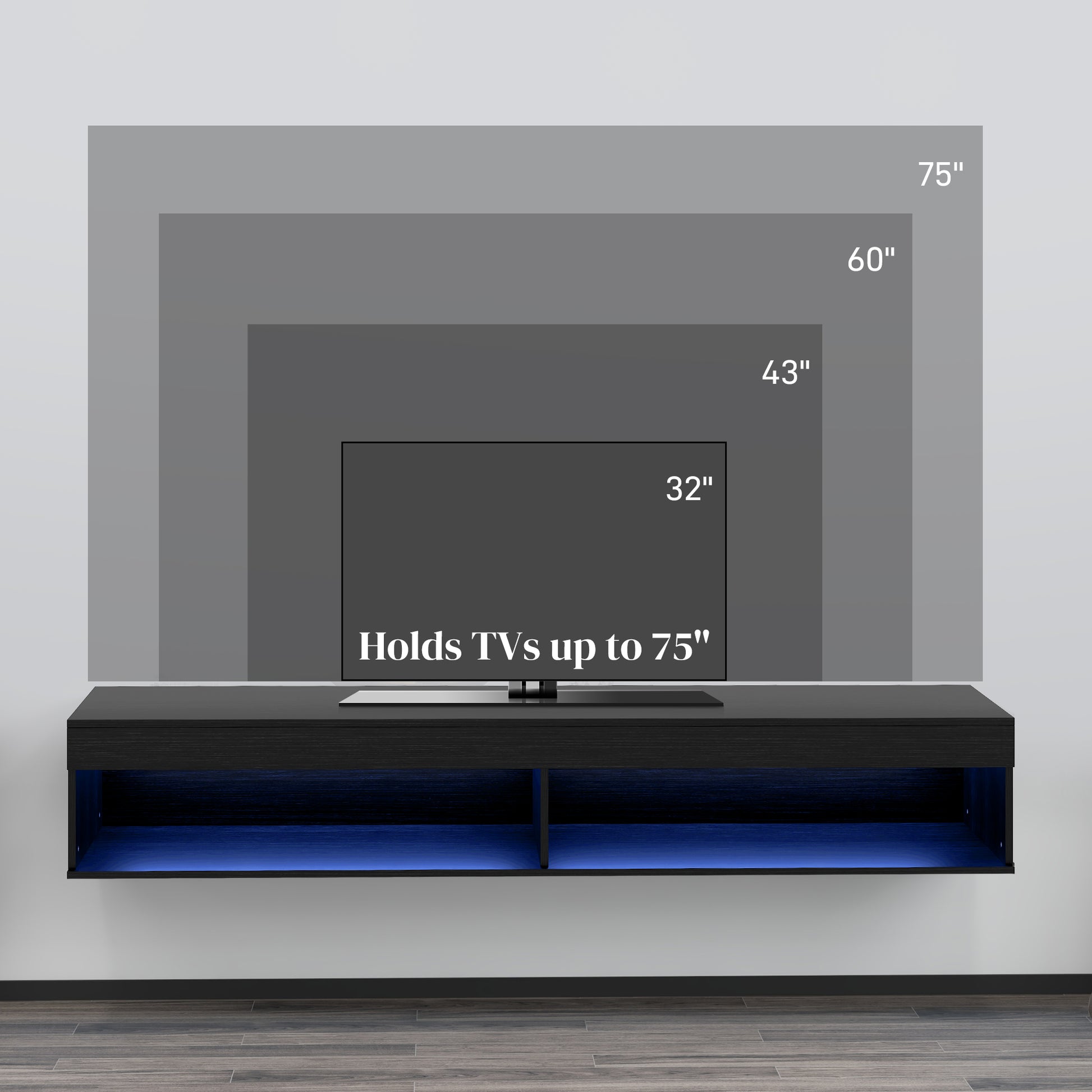 Modern Wall Mounted TV Stand with Storage and LED Lights for TVs up to 75", Floating TV Shelf for Living Room, Black-Home Furnishings > Living Room Furniture > TV¬†Stands-DECOROLALA