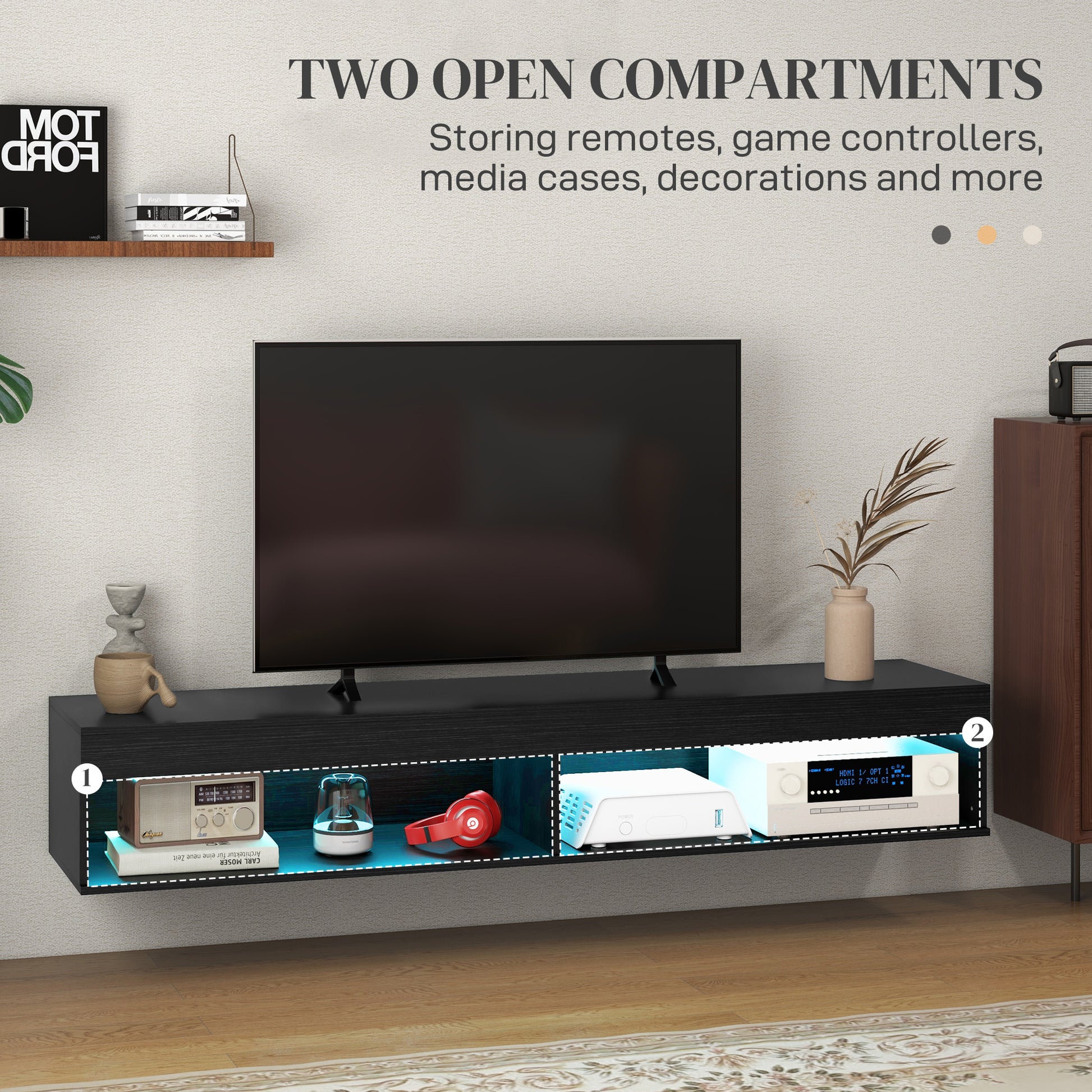 Modern Wall Mounted TV Stand with Storage and LED Lights for TVs up to 75", Floating TV Shelf for Living Room, Black-Home Furnishings > Living Room Furniture > TV¬†Stands-DECOROLALA
