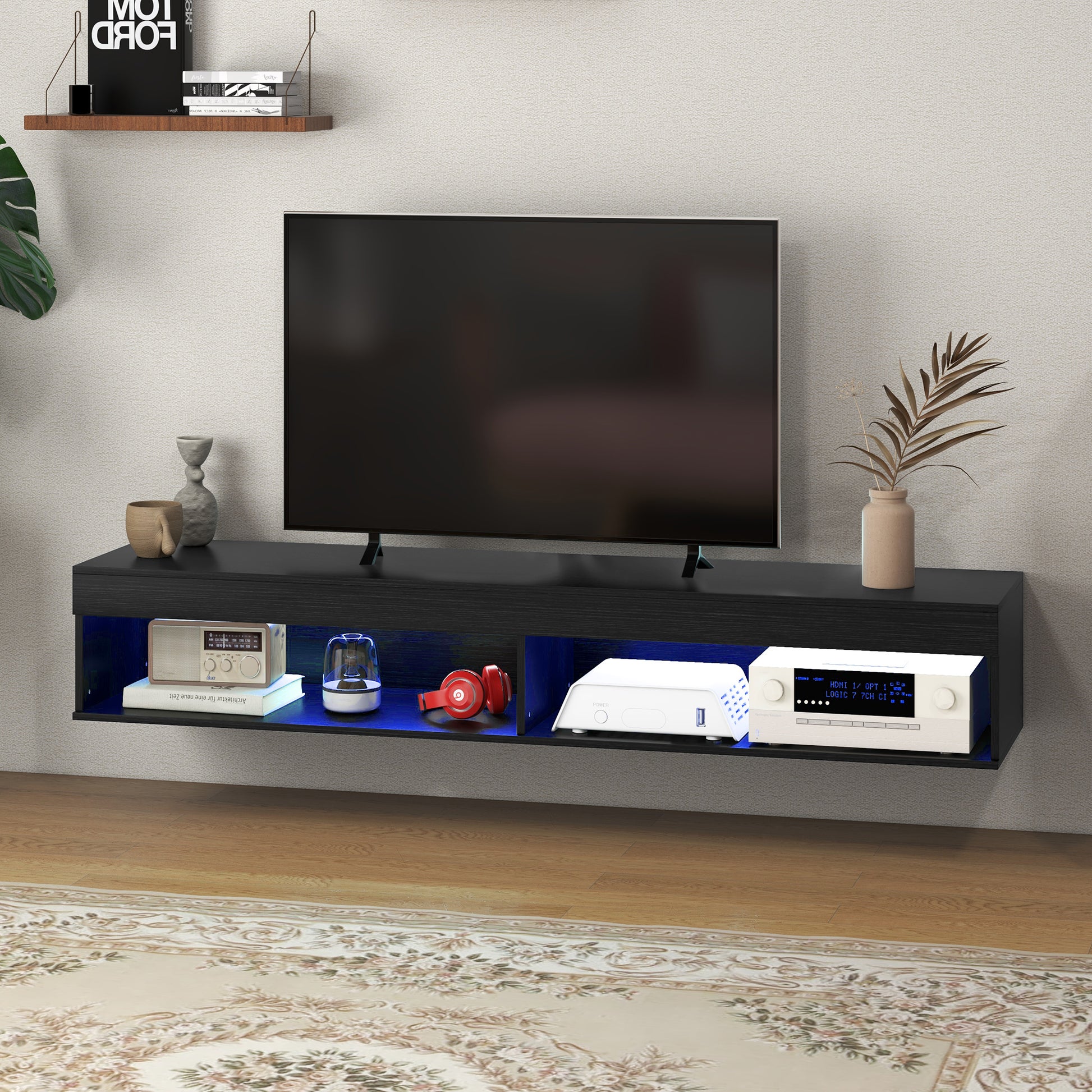 Modern Wall Mounted TV Stand with Storage and LED Lights for TVs up to 75", Floating TV Shelf for Living Room, Black-Home Furnishings > Living Room Furniture > TV¬†Stands-DECOROLALA