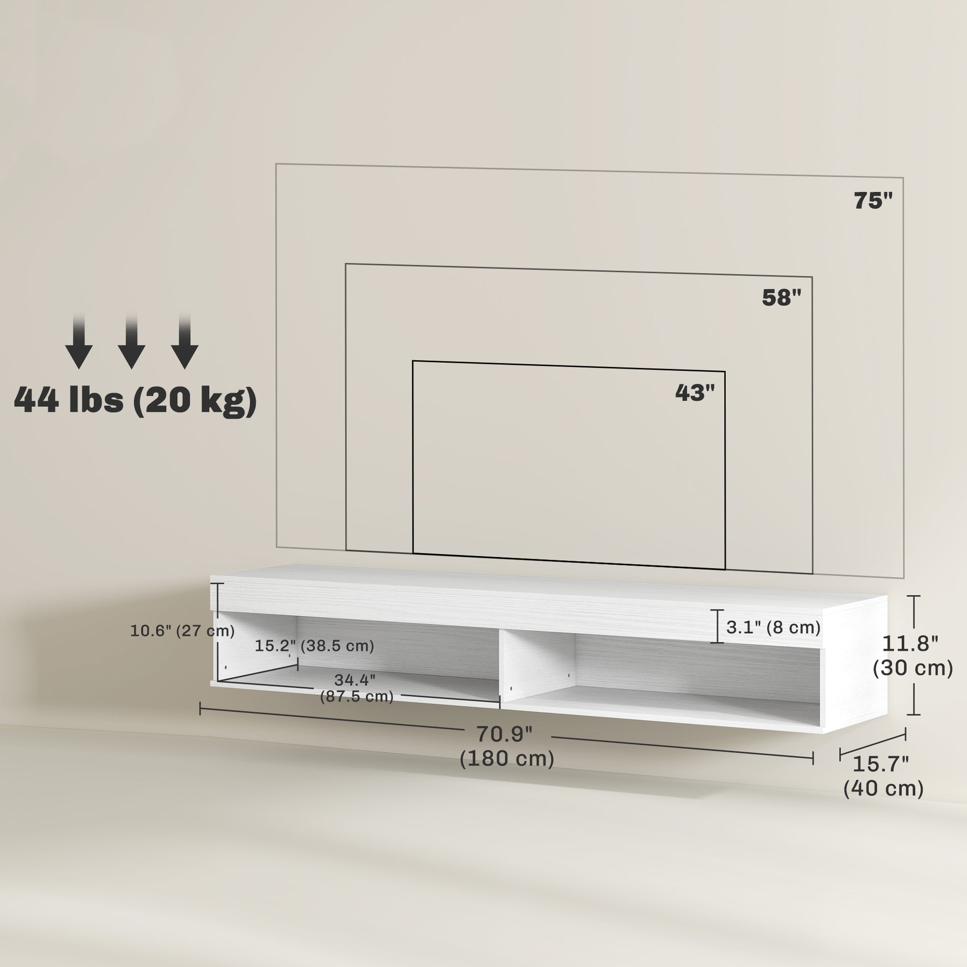 Modern Wall Mounted TV Stand with Storage and LED Lights for TVs up to 75", Floating TV Shelf for Living Room, White-Home Furnishings > Living Room Furniture > TV¬†Stands-DECOROLALA