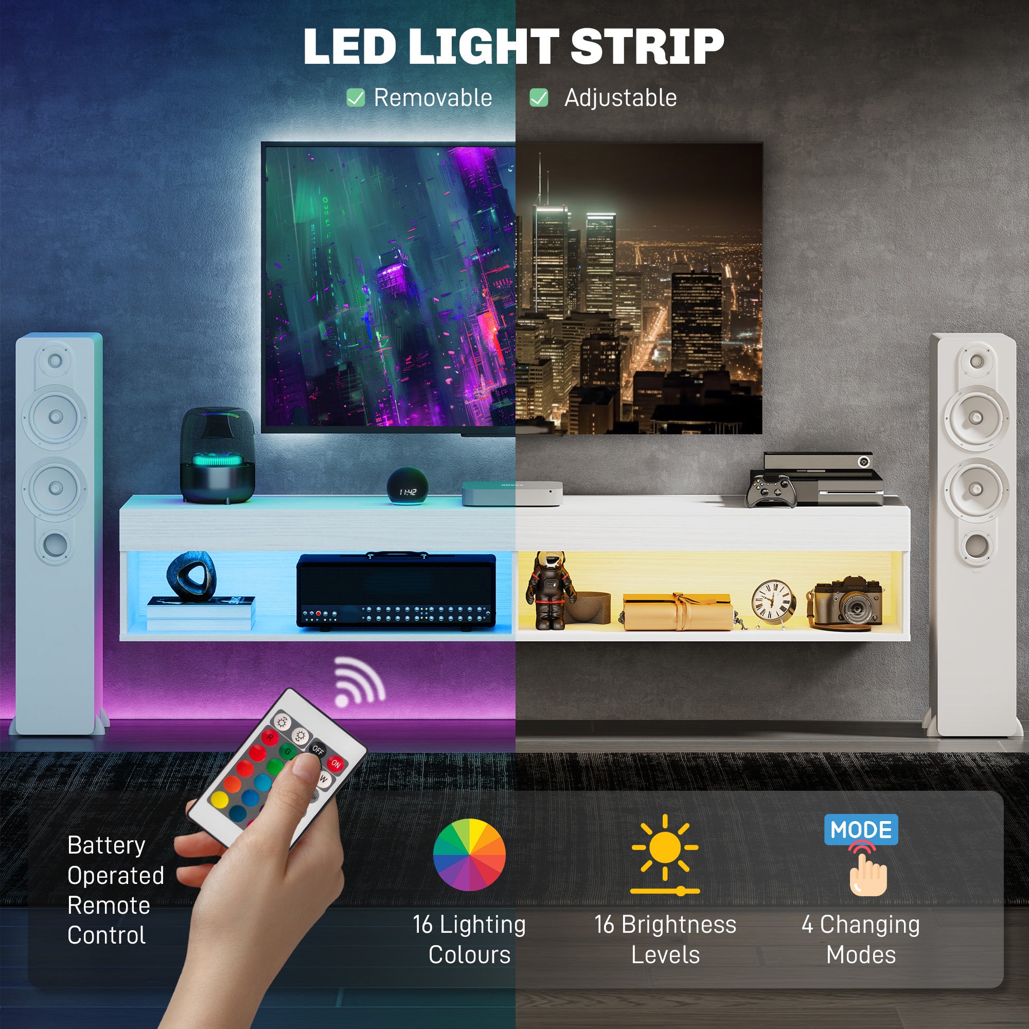 Modern Wall Mounted TV Stand with Storage and LED Lights for TVs up to 75", Floating TV Shelf for Living Room, White-Home Furnishings > Living Room Furniture > TV¬†Stands-DECOROLALA