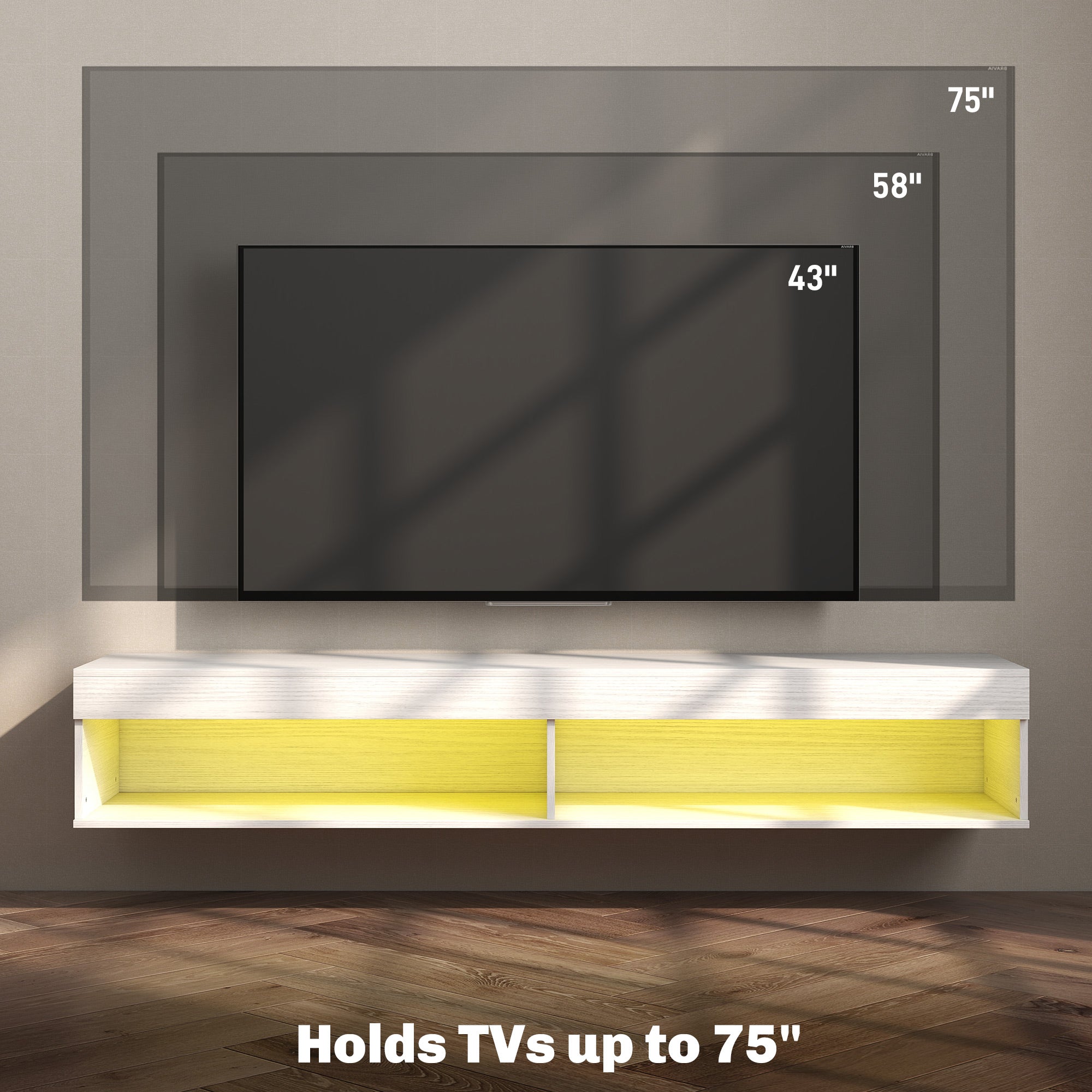 Modern Wall Mounted TV Stand with Storage and LED Lights for TVs up to 75", Floating TV Shelf for Living Room, White-Home Furnishings > Living Room Furniture > TV¬†Stands-DECOROLALA