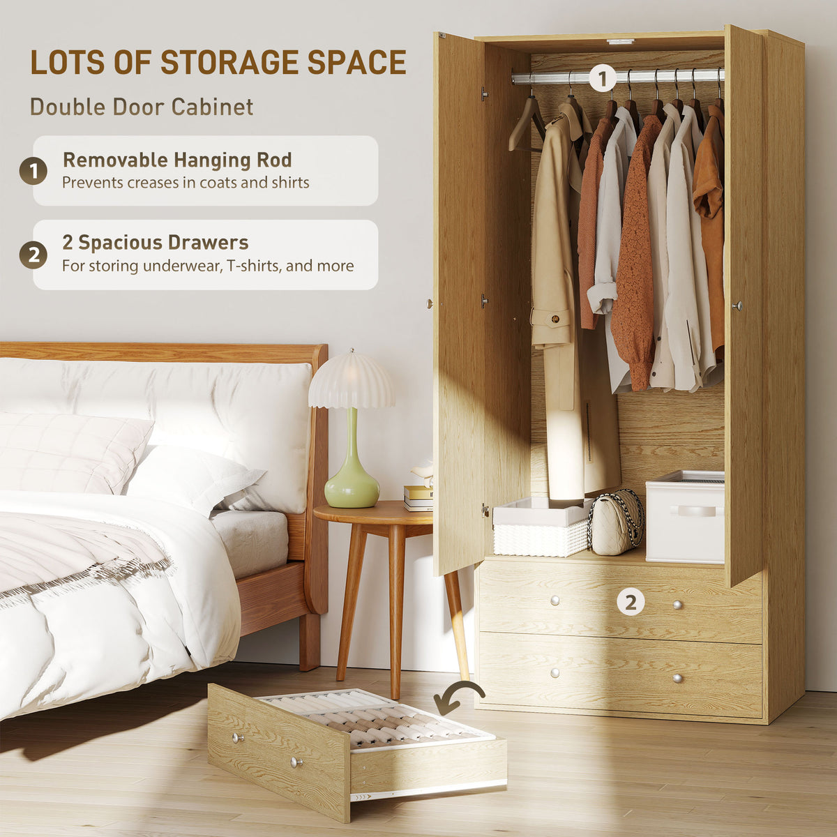 Modern Wardrobe Closet - 2 Drawers & Hanging Rod Natural Wood-Armoires & Wardrobes-DECOROLALA